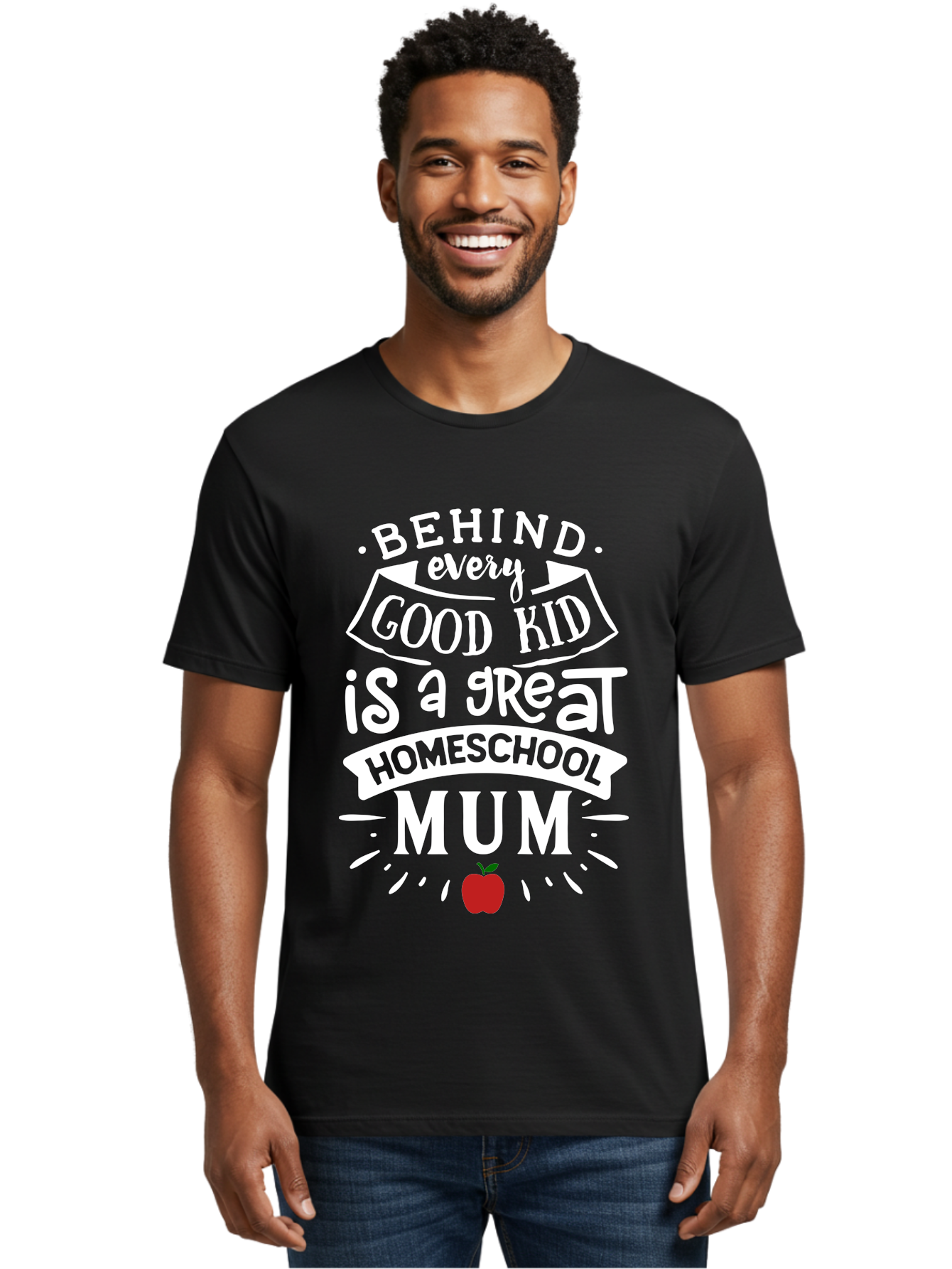 Behind-Every-Good-Kid-Is-A-Great-Homeschool-Mum-2 Men'S Graphic Tee, 100% Cotton, Comfortable Casual Summer Wear, Machine Washable, Homeschooling Mom, Proud Parent, Homeschool Quote, Apple Symbol, Educational Support, Parenting Pride, Aab317