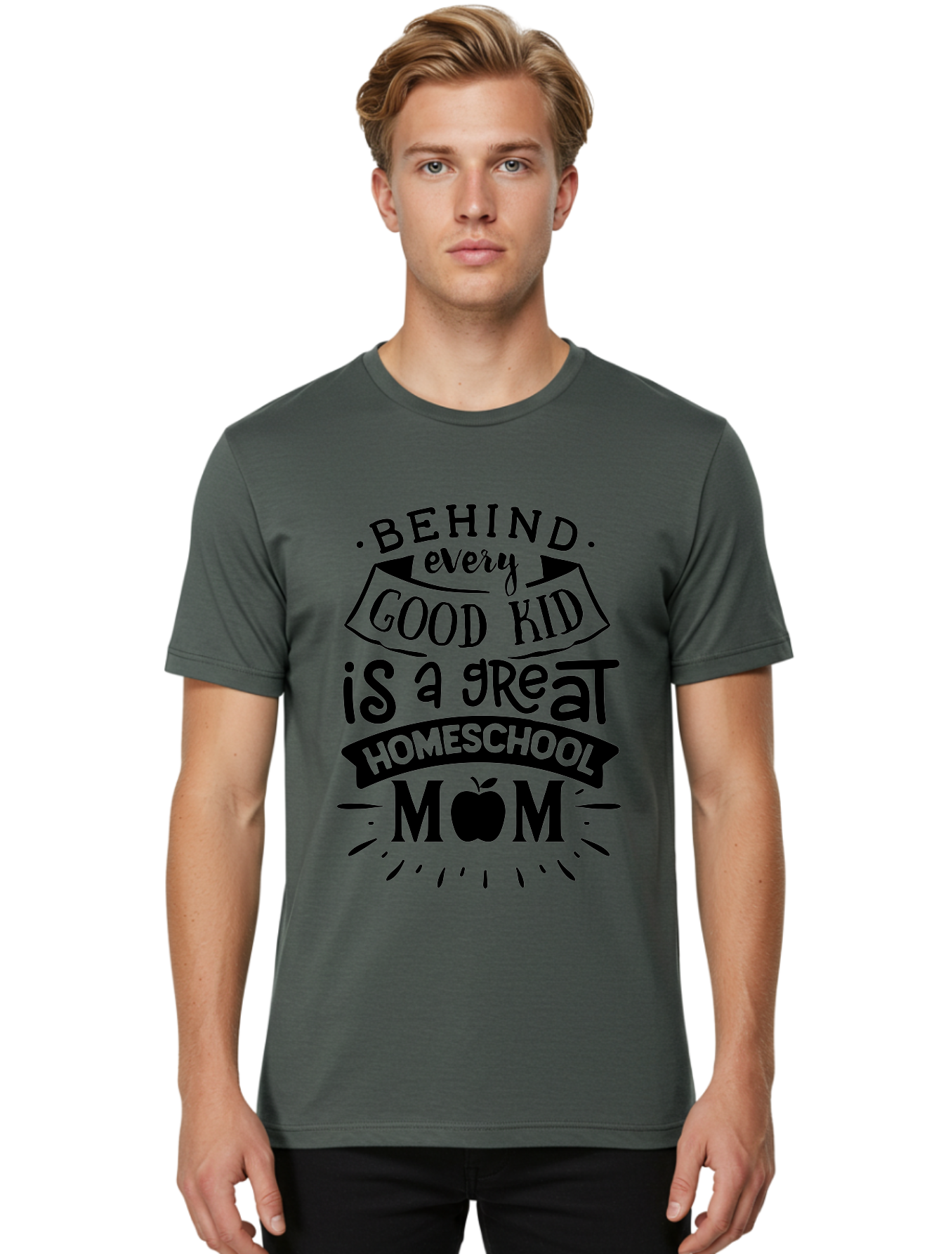 Behind-Every-Good-Kid Men'S Graphic Tee, 100% Cotton, Comfortable Casual Summer Wear, Machine Washable, Homeschool Mom Appreciation, Proud Homeschool Parent, Homeschooling Inspiration, Supportive Mom Quote, Apple Symbol Education Aab319