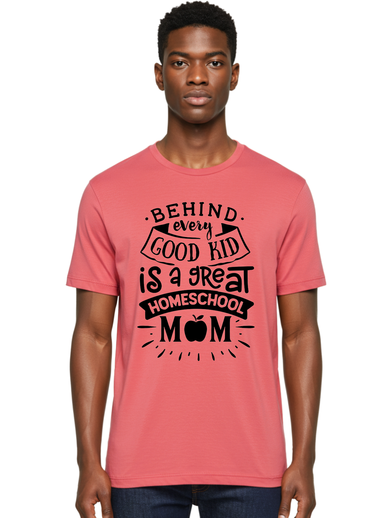 Behind-Every-Good-Kid Men'S Graphic Tee, 100% Cotton, Comfortable Casual Summer Wear, Machine Washable, Homeschool Mom Appreciation, Proud Homeschool Parent, Homeschooling Inspiration, Supportive Mom Quote, Apple Symbol Education Aab319 30