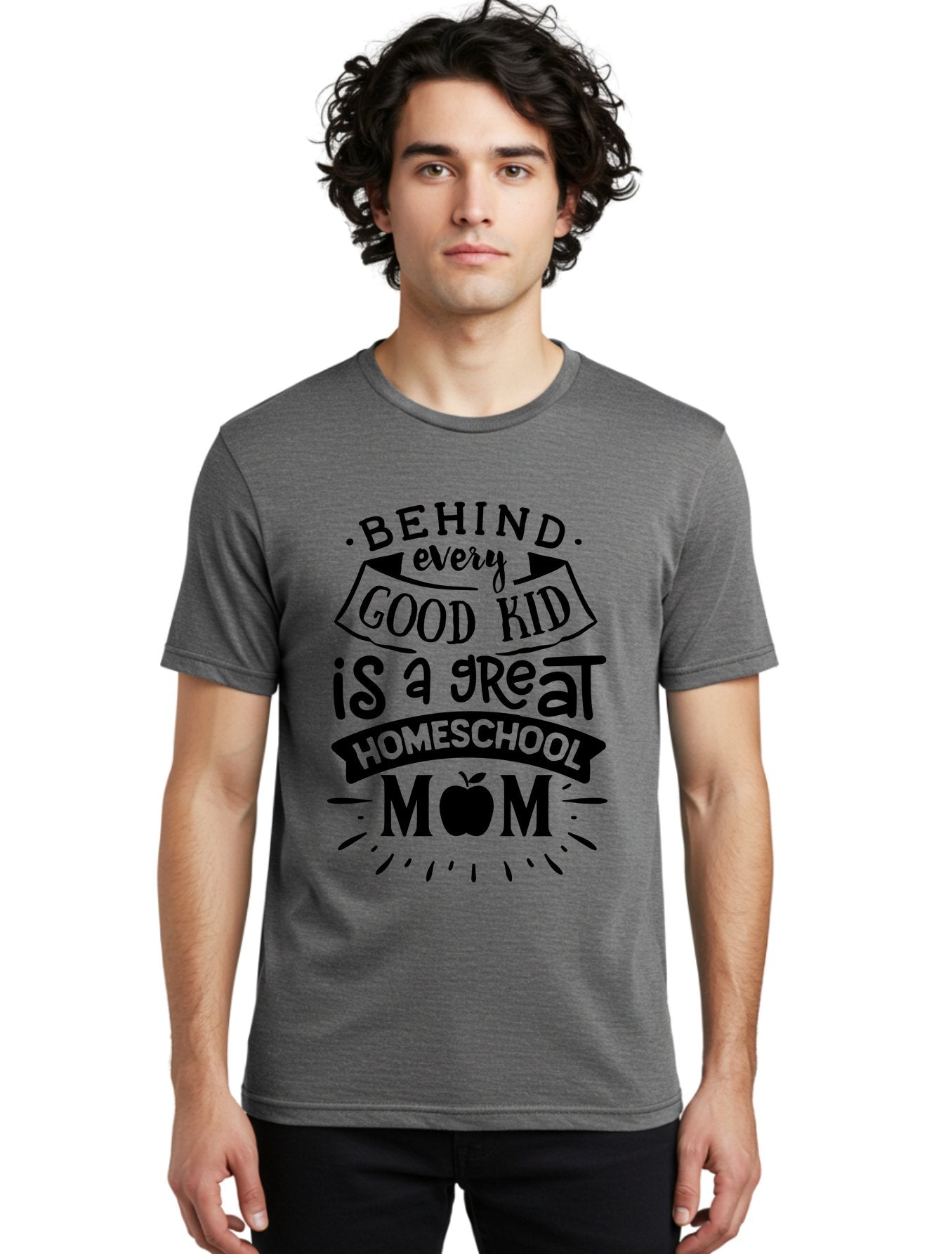 Behind-Every-Good-Kid Men'S Graphic Tee, 100% Cotton, Comfortable Casual Summer Wear, Machine Washable, Homeschool Mom Appreciation, Proud Homeschool Parent, Homeschooling Inspiration, Supportive Mom Quote, Apple Symbol Education Aab319 18