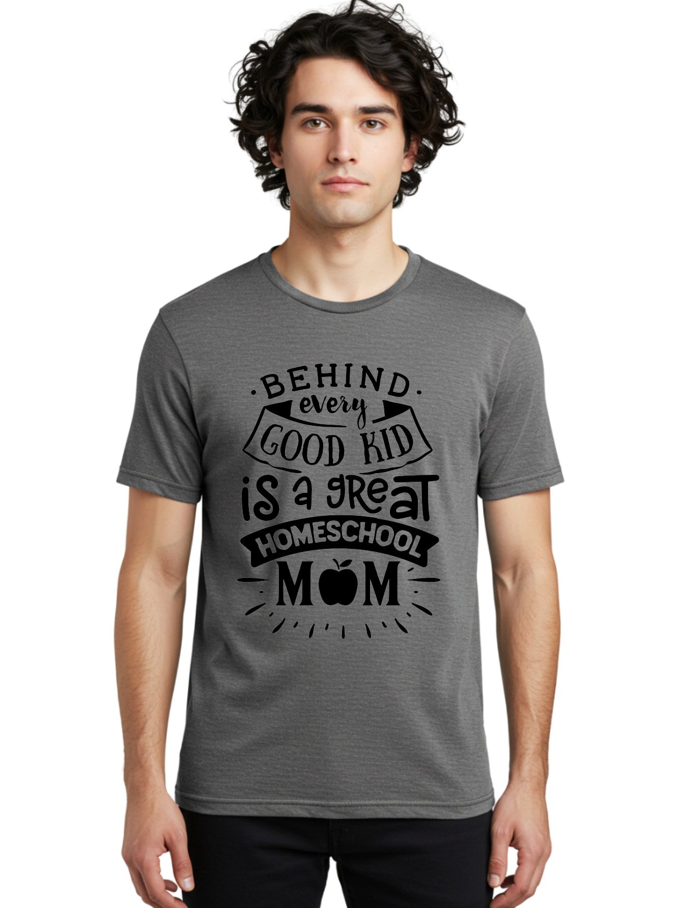 Behind-Every-Good-Kid Men'S Graphic Tee, 100% Cotton, Comfortable Casual Summer Wear, Machine Washable, Homeschool Mom Appreciation, Proud Homeschool Parent, Homeschooling Inspiration, Supportive Mom Quote, Apple Symbol Education Aab319 24
