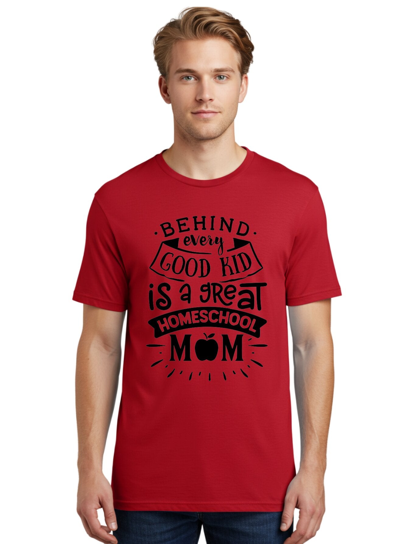 Behind-Every-Good-Kid Men'S Graphic Tee, 100% Cotton, Comfortable Casual Summer Wear, Machine Washable, Homeschool Mom Appreciation, Proud Homeschool Parent, Homeschooling Inspiration, Supportive Mom Quote, Apple Symbol Education Aab319 28