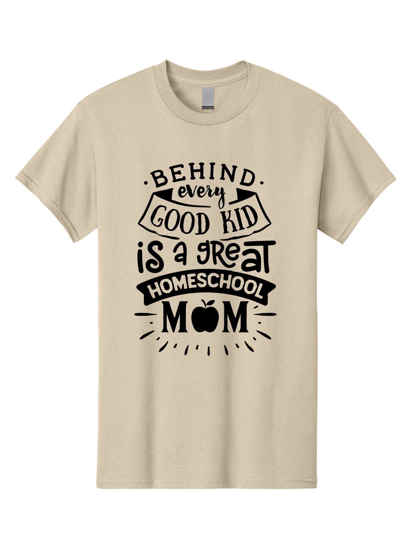Behind-Every-Good-Kid Men'S Graphic Tee, 100% Cotton, Comfortable Casual Summer Wear, Machine Washable, Homeschool Mom Appreciation, Proud Homeschool Parent, Homeschooling Inspiration, Supportive Mom Quote, Apple Symbol Education Aab319 5