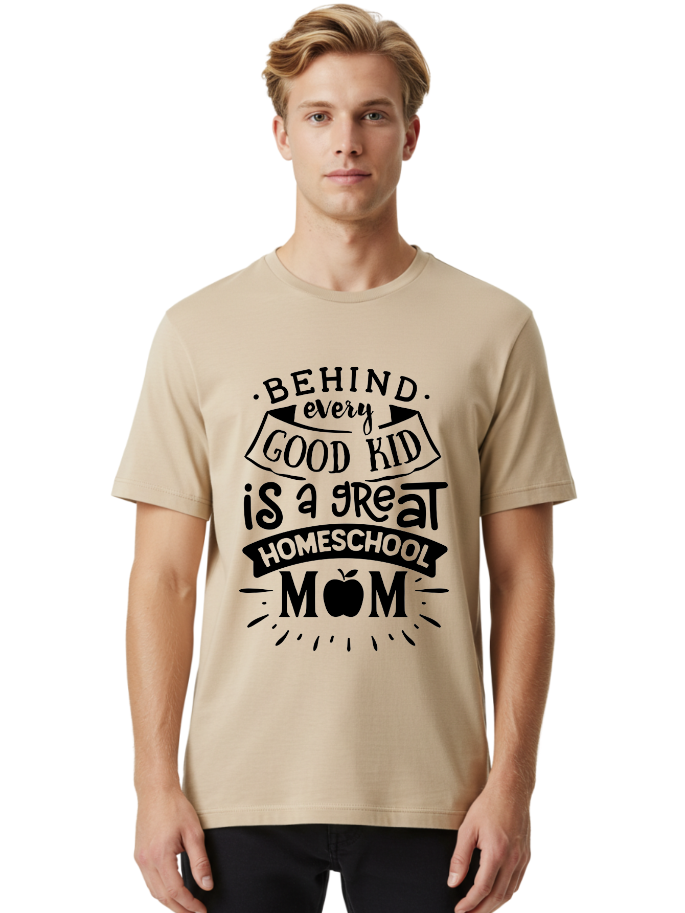 Behind-Every-Good-Kid Men'S Graphic Tee, 100% Cotton, Comfortable Casual Summer Wear, Machine Washable, Homeschool Mom Appreciation, Proud Homeschool Parent, Homeschooling Inspiration, Supportive Mom Quote, Apple Symbol Education Aab319 16