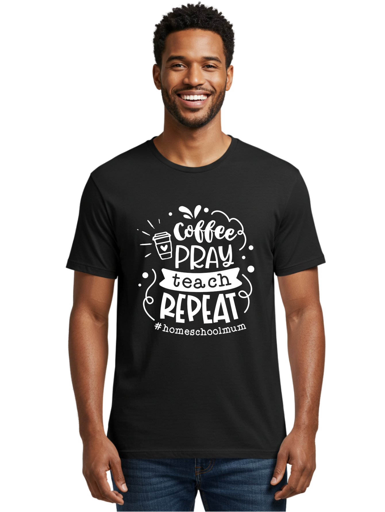 Coffee-Pray-Teach-Repeat-1 Men'S Graphic Tee, 100% Cotton, Comfortable Casual Summer Wear, Machine Washable, Coffee, Pray, Teach, Repeat, Homeschool Mum, Inspirational Quotes, Motivational Phrases, Coffee Cup, Heart Symbol, Modern Typography, Aab326