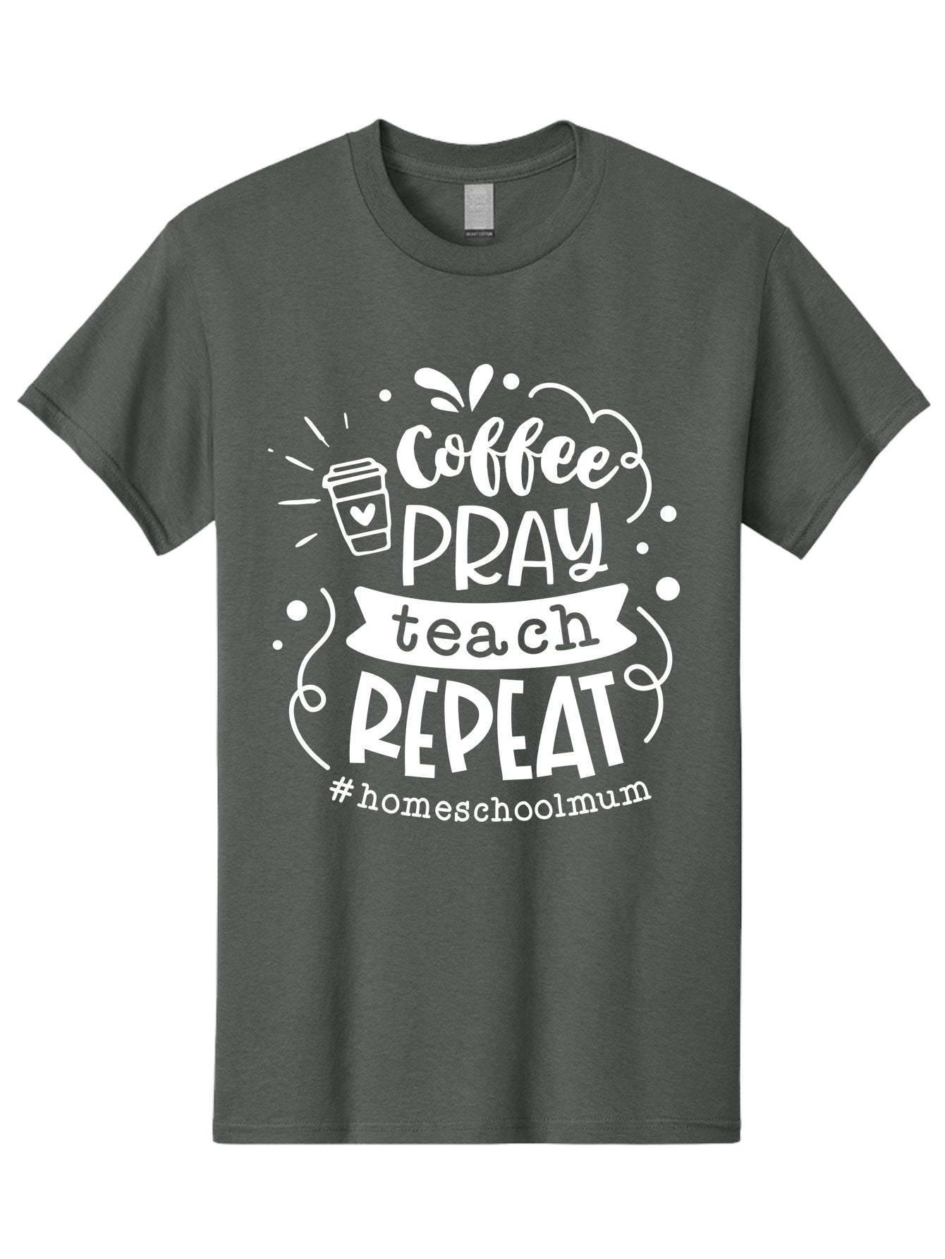 Coffee-Pray-Teach-Repeat-1 Men'S Graphic Tee, 100% Cotton, Comfortable Casual Summer Wear, Machine Washable, Coffee, Pray, Teach, Repeat, Homeschool Mum, Inspirational Quotes, Motivational Phrases, Coffee Cup, Heart Symbol, Modern Typography, Aab326 3