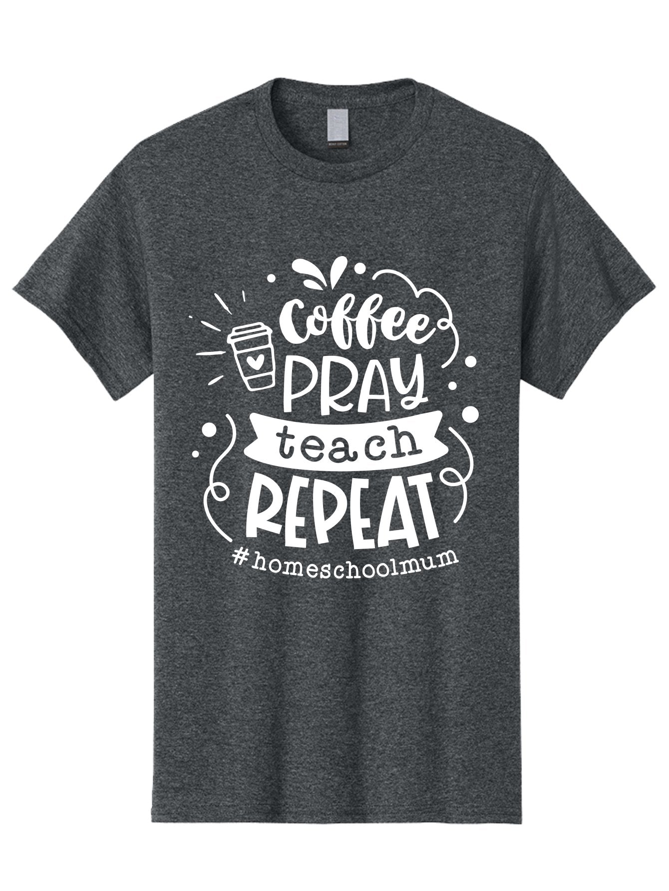 Coffee-Pray-Teach-Repeat-1 Men'S Graphic Tee, 100% Cotton, Comfortable Casual Summer Wear, Machine Washable, Coffee, Pray, Teach, Repeat, Homeschool Mum, Inspirational Quotes, Motivational Phrases, Coffee Cup, Heart Symbol, Modern Typography, Aab326 5