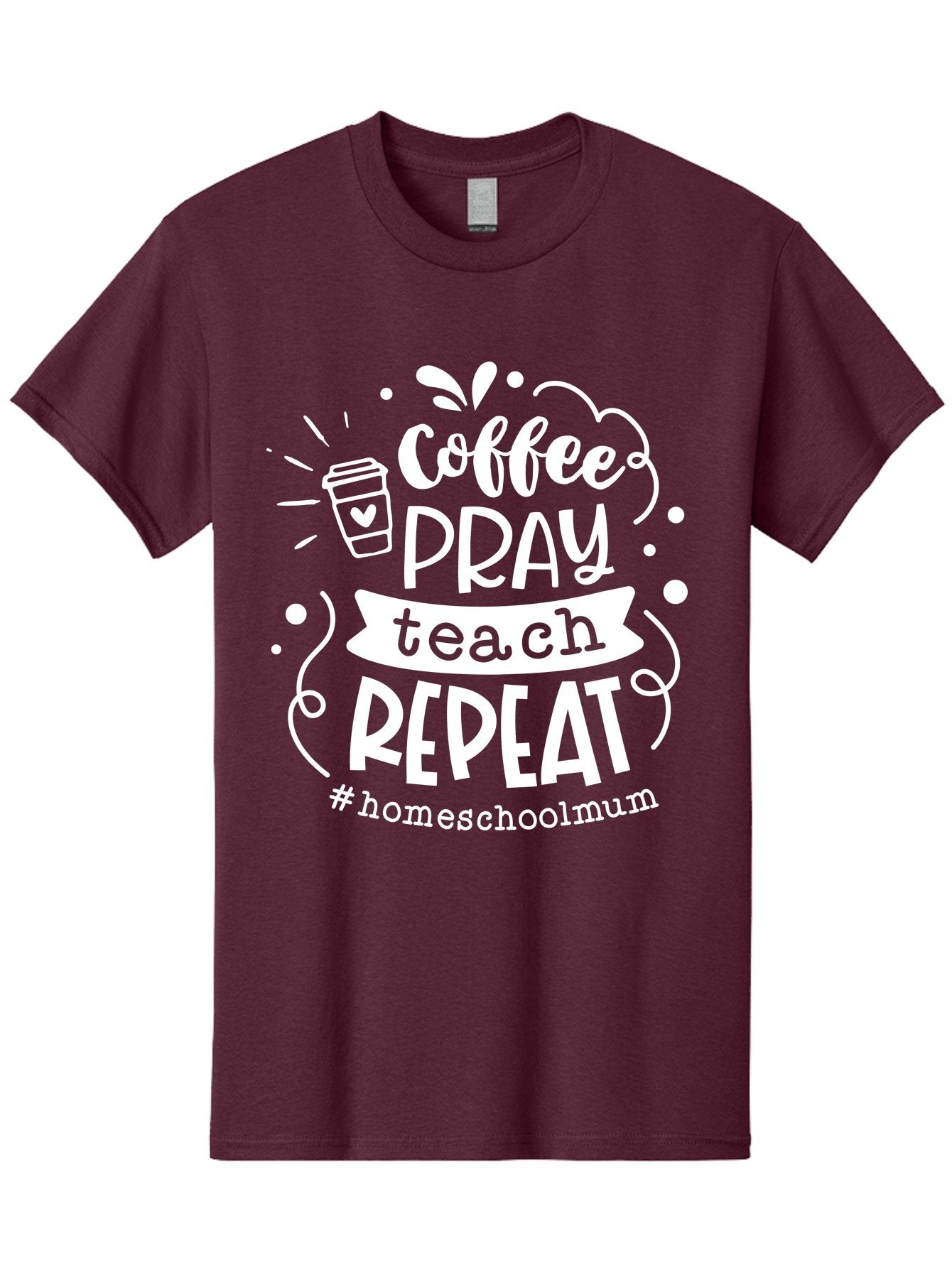 Coffee-Pray-Teach-Repeat-1 Men'S Graphic Tee, 100% Cotton, Comfortable Casual Summer Wear, Machine Washable, Coffee, Pray, Teach, Repeat, Homeschool Mum, Inspirational Quotes, Motivational Phrases, Coffee Cup, Heart Symbol, Modern Typography, Aab326 8