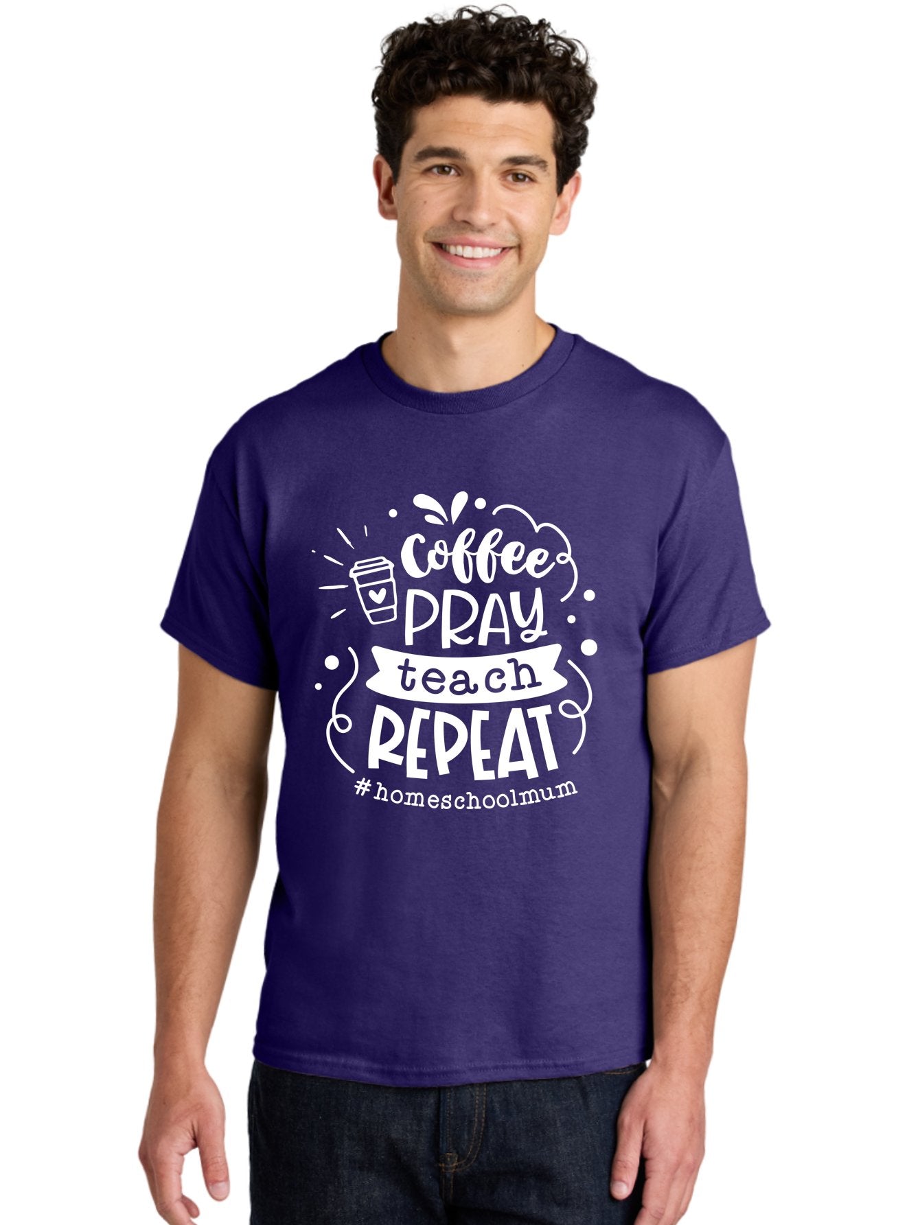 Coffee-Pray-Teach-Repeat-1 Men'S Graphic Tee, 100% Cotton, Comfortable Casual Summer Wear, Machine Washable, Coffee, Pray, Teach, Repeat, Homeschool Mum, Inspirational Quotes, Motivational Phrases, Coffee Cup, Heart Symbol, Modern Typography, Aab326 18