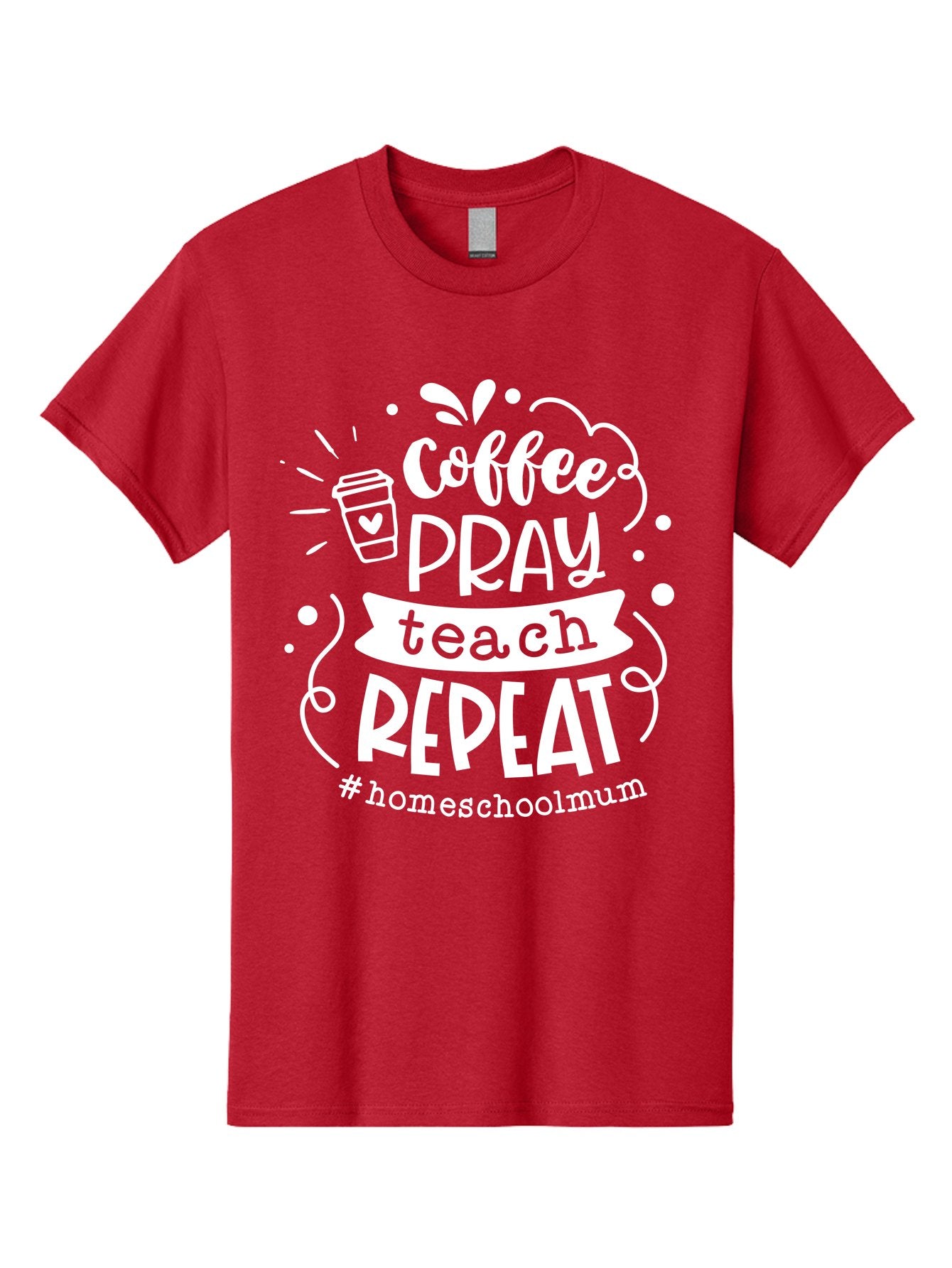 Coffee-Pray-Teach-Repeat-1 Men'S Graphic Tee, 100% Cotton, Comfortable Casual Summer Wear, Machine Washable, Coffee, Pray, Teach, Repeat, Homeschool Mum, Inspirational Quotes, Motivational Phrases, Coffee Cup, Heart Symbol, Modern Typography, Aab326