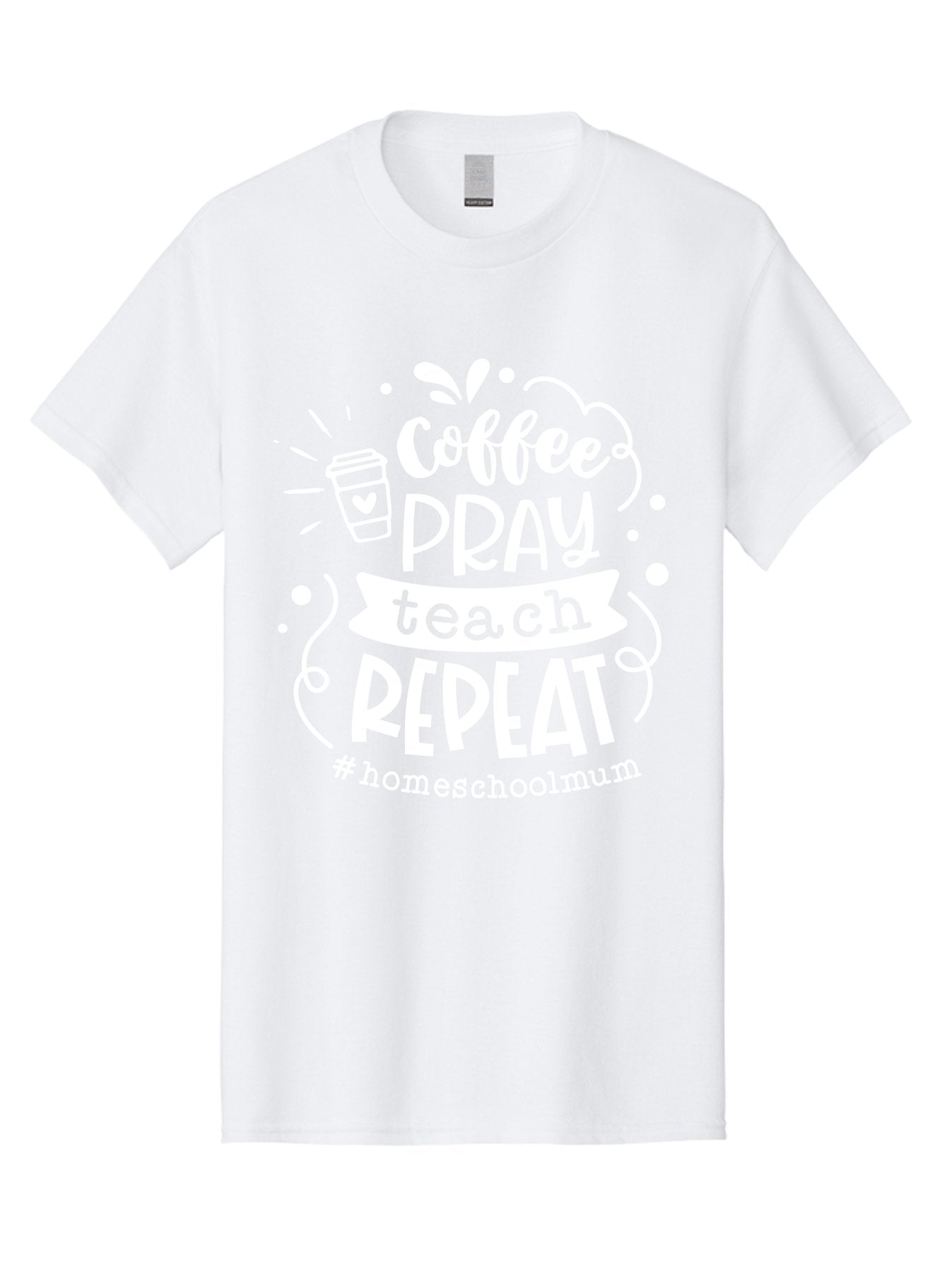 Coffee-Pray-Teach-Repeat-1 Men'S Graphic Tee, 100% Cotton, Comfortable Casual Summer Wear, Machine Washable, Coffee, Pray, Teach, Repeat, Homeschool Mum, Inspirational Quotes, Motivational Phrases, Coffee Cup, Heart Symbol, Modern Typography, Aab326