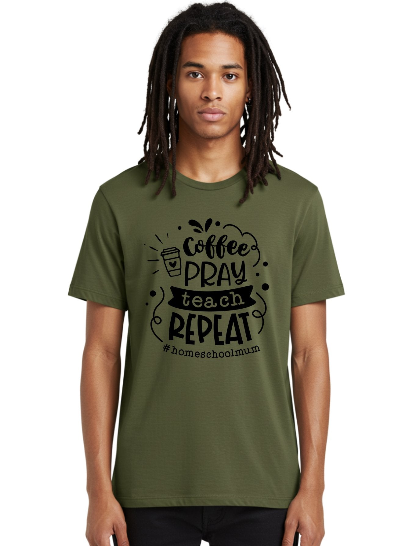 Coffee-Pray-Teach-Repeat-2 Men'S Graphic Tee, 100% Cotton, Comfortable Casual Summer Wear, Machine Washable, Homeschool Mom, Inspirational Quote, Coffee Lover, Teaching Quote, Homeschooling, Parenting, Motivational Phrase, Coffee Cup Aab327 23