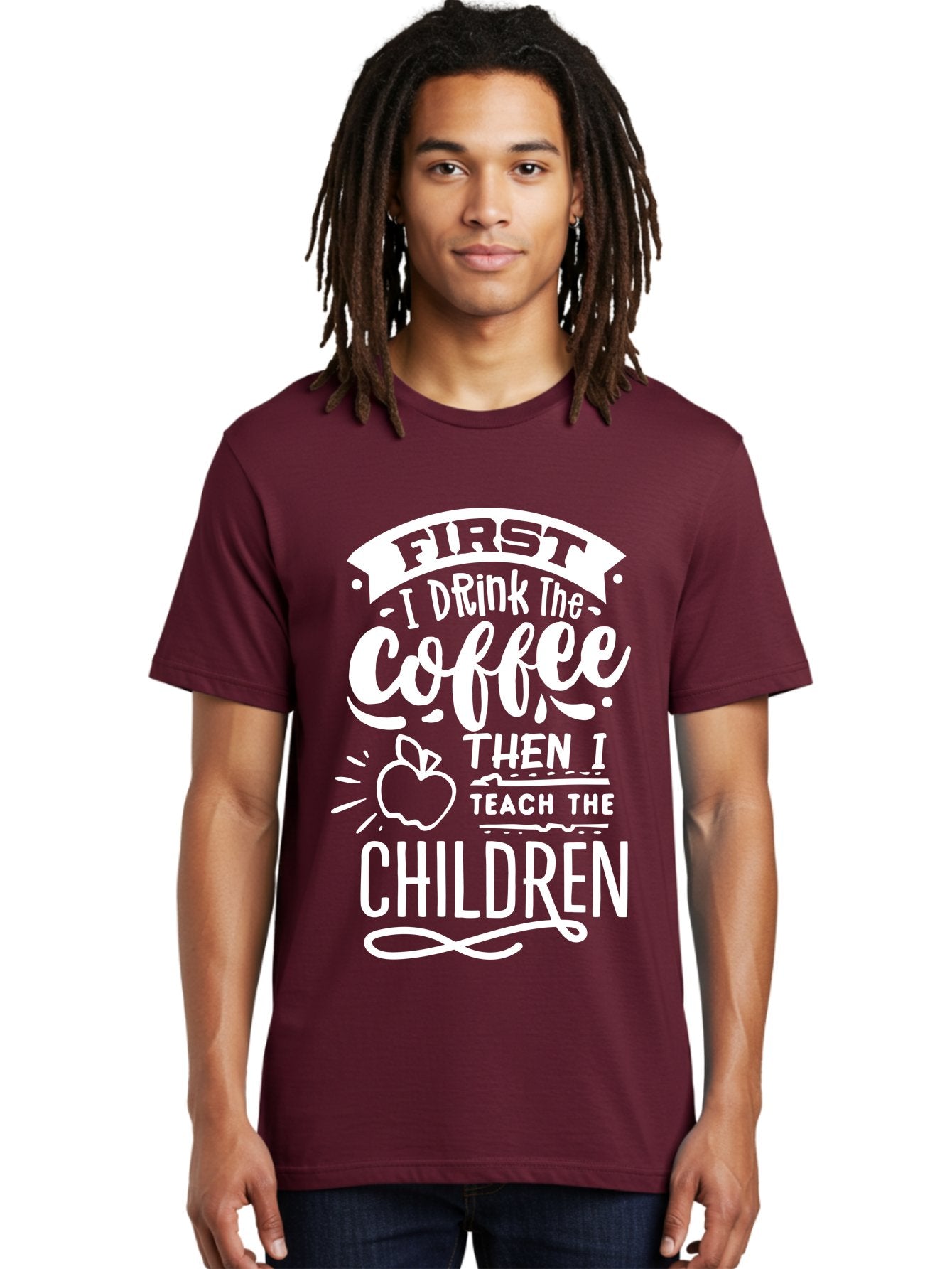 First-I-Drink-Coffee-Then-I-Teach-Children Men'S Graphic Tee, 100% Cotton, Comfortable Casual Summer Wear, Machine Washable, Funny Teacher Quotes, Coffee Lover, Teaching Humor, Education Profession, Morning Motivation, Apple Illustration, Aab330 22