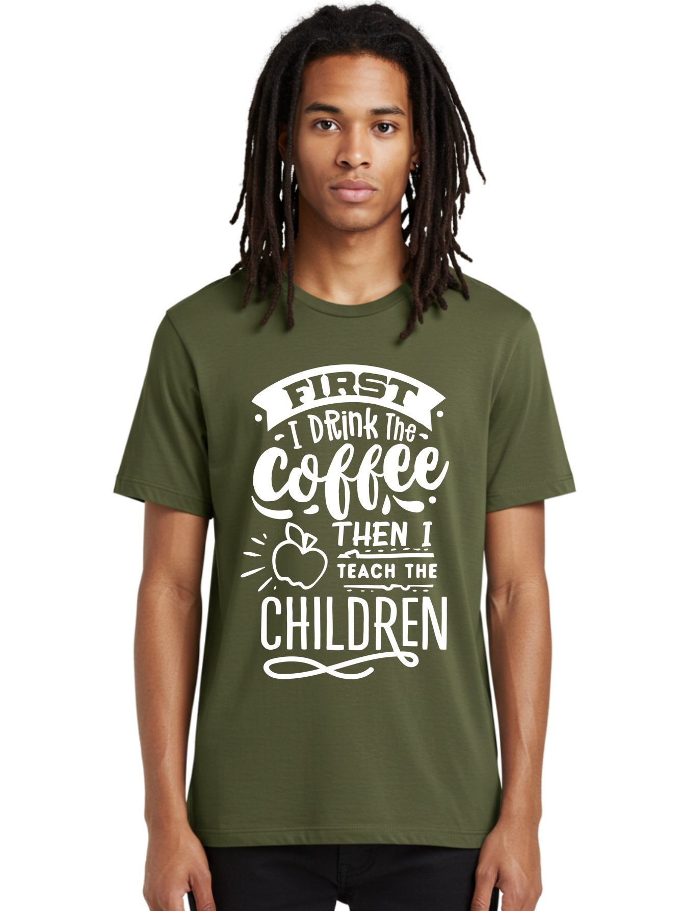 First-I-Drink-Coffee-Then-I-Teach-Children Men'S Graphic Tee, 100% Cotton, Comfortable Casual Summer Wear, Machine Washable, Funny Teacher Quotes, Coffee Lover, Teaching Humor, Education Profession, Morning Motivation, Apple Illustration, Aab330 16