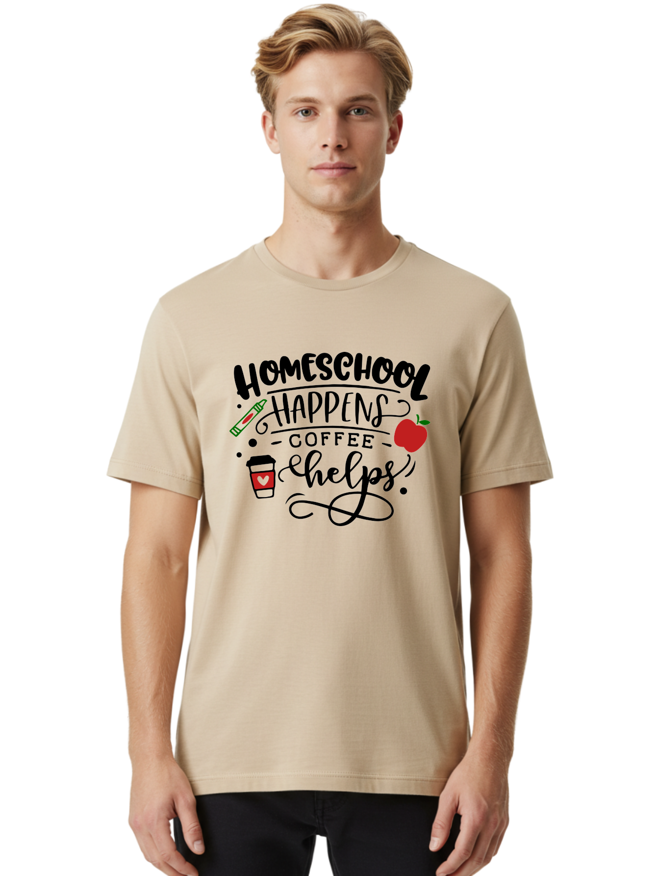 Homeschool-Happens-Coffee-Helps Men'S Graphic Tee, 100% Cotton, Comfortable Casual Summer Wear, Machine Washable, Homeschool, Coffee Lover, Homeschooling, Coffee Fuel, Education, Teaching, Learning, Coffee Break, Homeschool Mom, Funny Quote Aab341