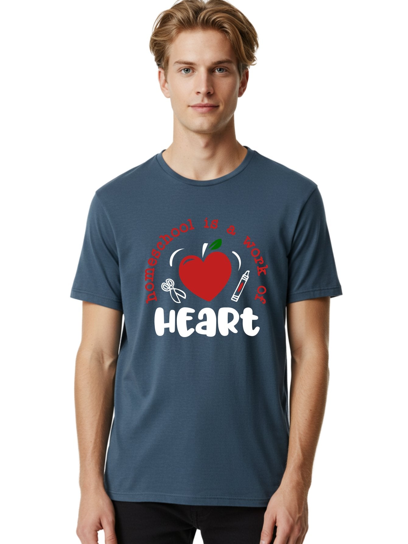 Homeschool-Is-A-Work-Of-Heart-1 Men'S Graphic Tee, 100% Cotton, Comfortable Casual Summer Wear, Machine Washable, Homeschooling, Heart-Shaped Apple, Educational Graphics, School Supplies, Red Crayon, Inspirational Quote, Home Education, Aab346 25