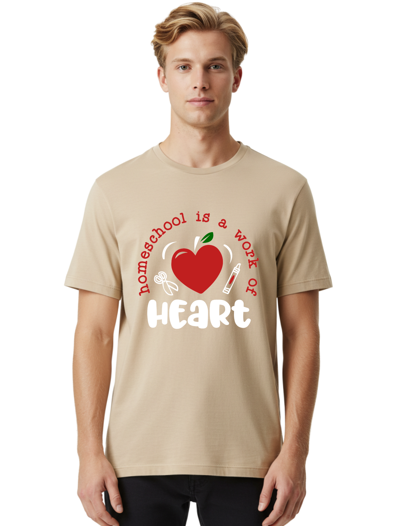 Homeschool-Is-A-Work-Of-Heart-1 Men'S Graphic Tee, 100% Cotton, Comfortable Casual Summer Wear, Machine Washable, Homeschooling, Heart-Shaped Apple, Educational Graphics, School Supplies, Red Crayon, Inspirational Quote, Home Education, Aab346