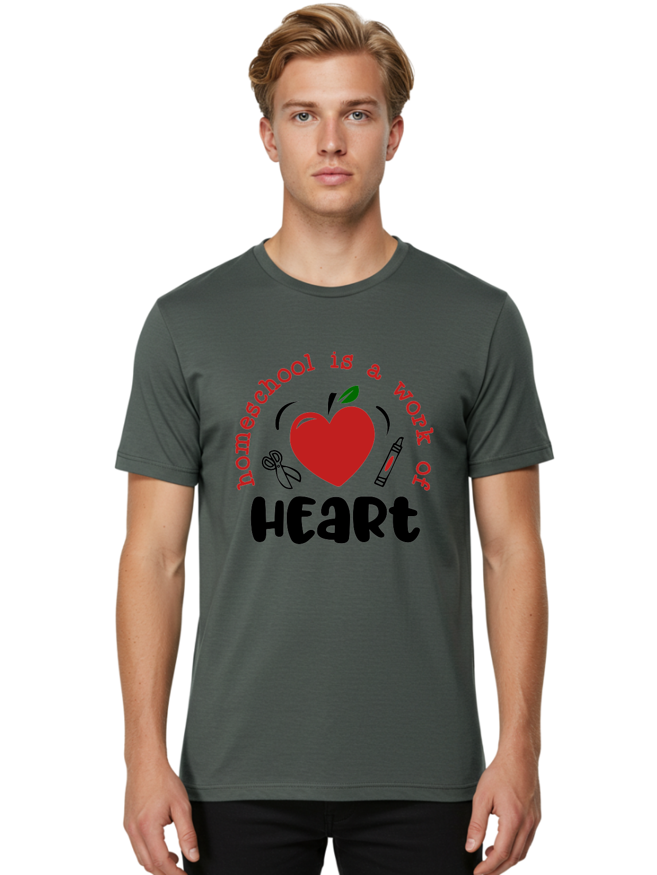 Homeschool-Is-A-Work-Of-Heart-2 Men'S Graphic Tee, 100% Cotton, Comfortable Casual Summer Wear, Machine Washable, Homeschooling, Heartwork, Education, Love, Apple, Crayon, Learning, Teaching, Homeschool Life, Art, Heart, Personalized Learning Aab347 30