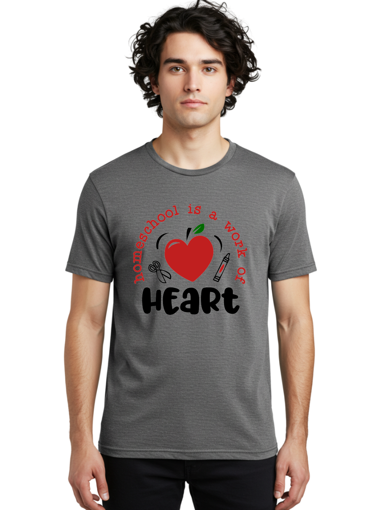 Homeschool-Is-A-Work-Of-Heart-2 Men'S Graphic Tee, 100% Cotton, Comfortable Casual Summer Wear, Machine Washable, Homeschooling, Heartwork, Education, Love, Apple, Crayon, Learning, Teaching, Homeschool Life, Art, Heart, Personalized Learning Aab347 14