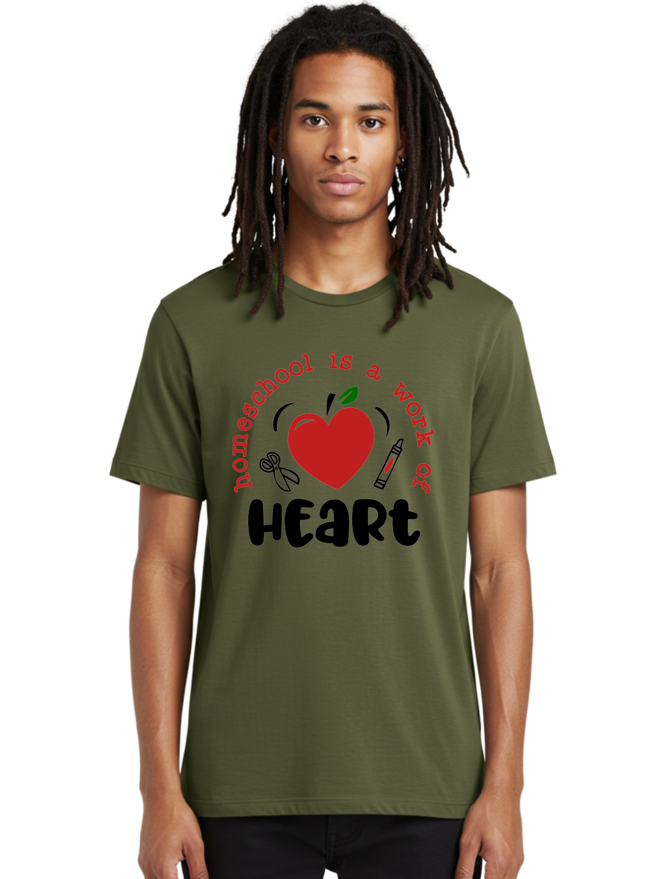 Homeschool-Is-A-Work-Of-Heart-2 Men'S Graphic Tee, 100% Cotton, Comfortable Casual Summer Wear, Machine Washable, Homeschooling, Heartwork, Education, Love, Apple, Crayon, Learning, Teaching, Homeschool Life, Art, Heart, Personalized Learning Aab347 26