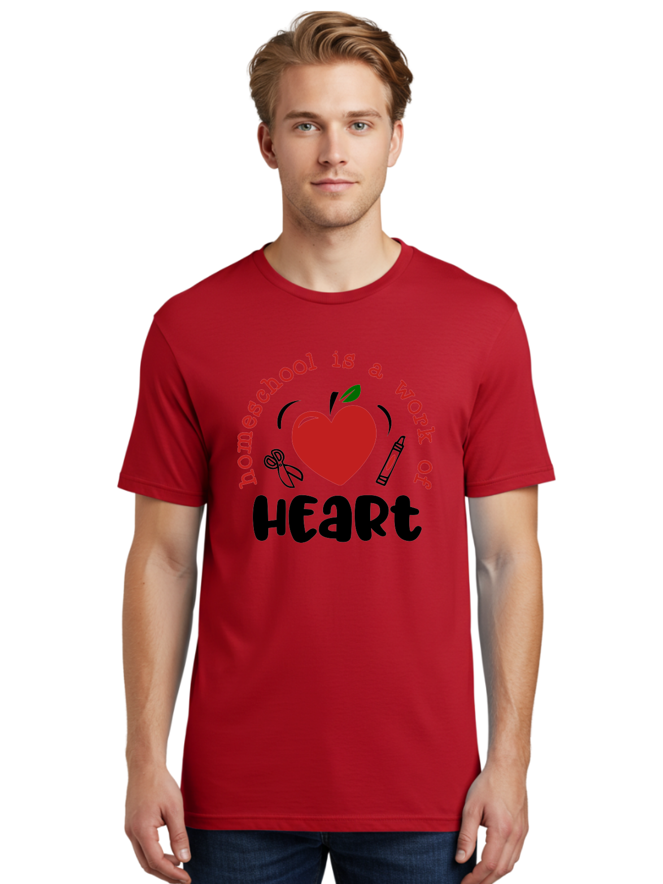 Homeschool-Is-A-Work-Of-Heart-2 Men'S Graphic Tee, 100% Cotton, Comfortable Casual Summer Wear, Machine Washable, Homeschooling, Heartwork, Education, Love, Apple, Crayon, Learning, Teaching, Homeschool Life, Art, Heart, Personalized Learning Aab347 28