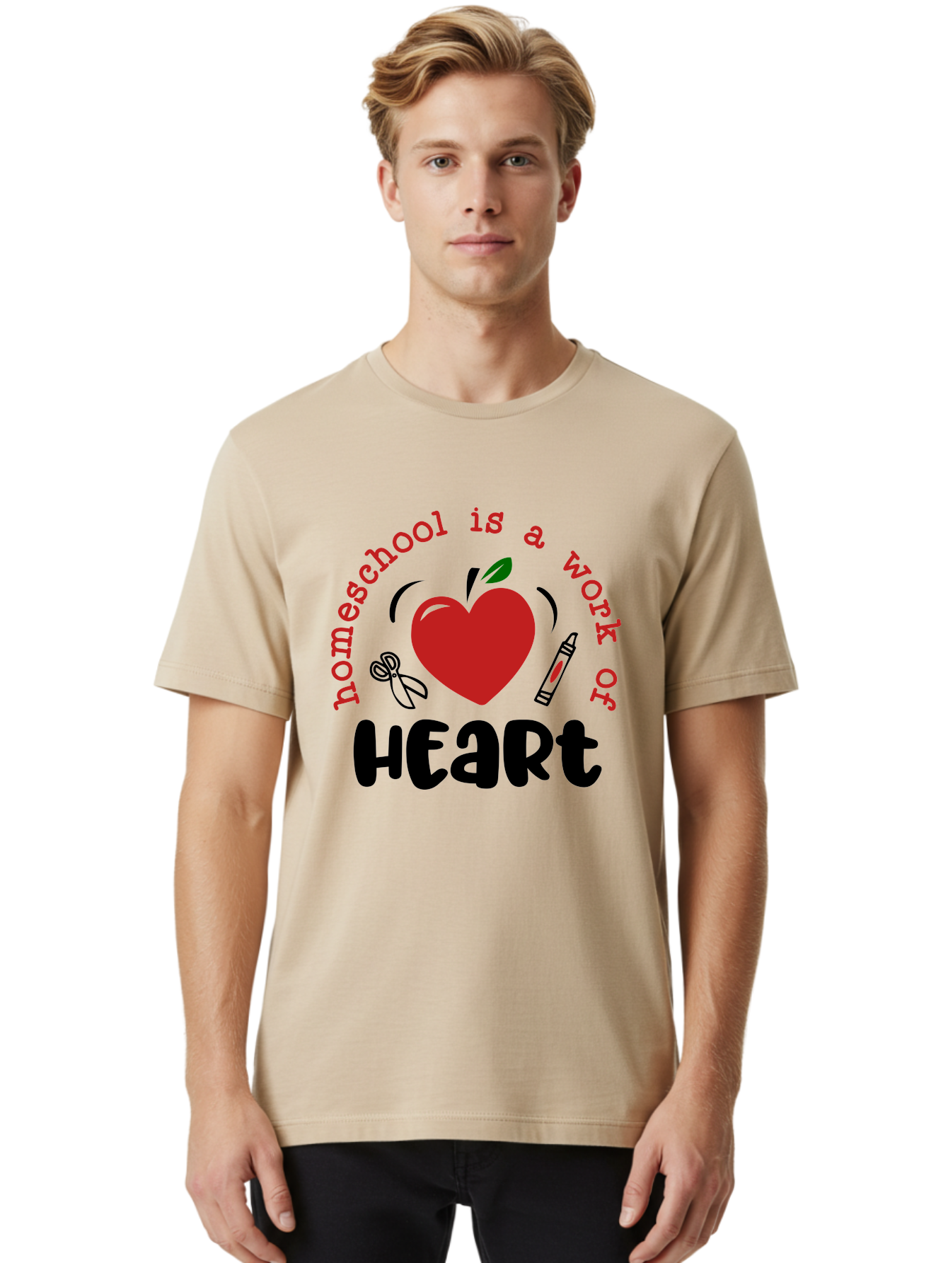 Homeschool-Is-A-Work-Of-Heart-2 Men'S Graphic Tee, 100% Cotton, Comfortable Casual Summer Wear, Machine Washable, Homeschooling, Heartwork, Education, Love, Apple, Crayon, Learning, Teaching, Homeschool Life, Art, Heart, Personalized Learning Aab347 10