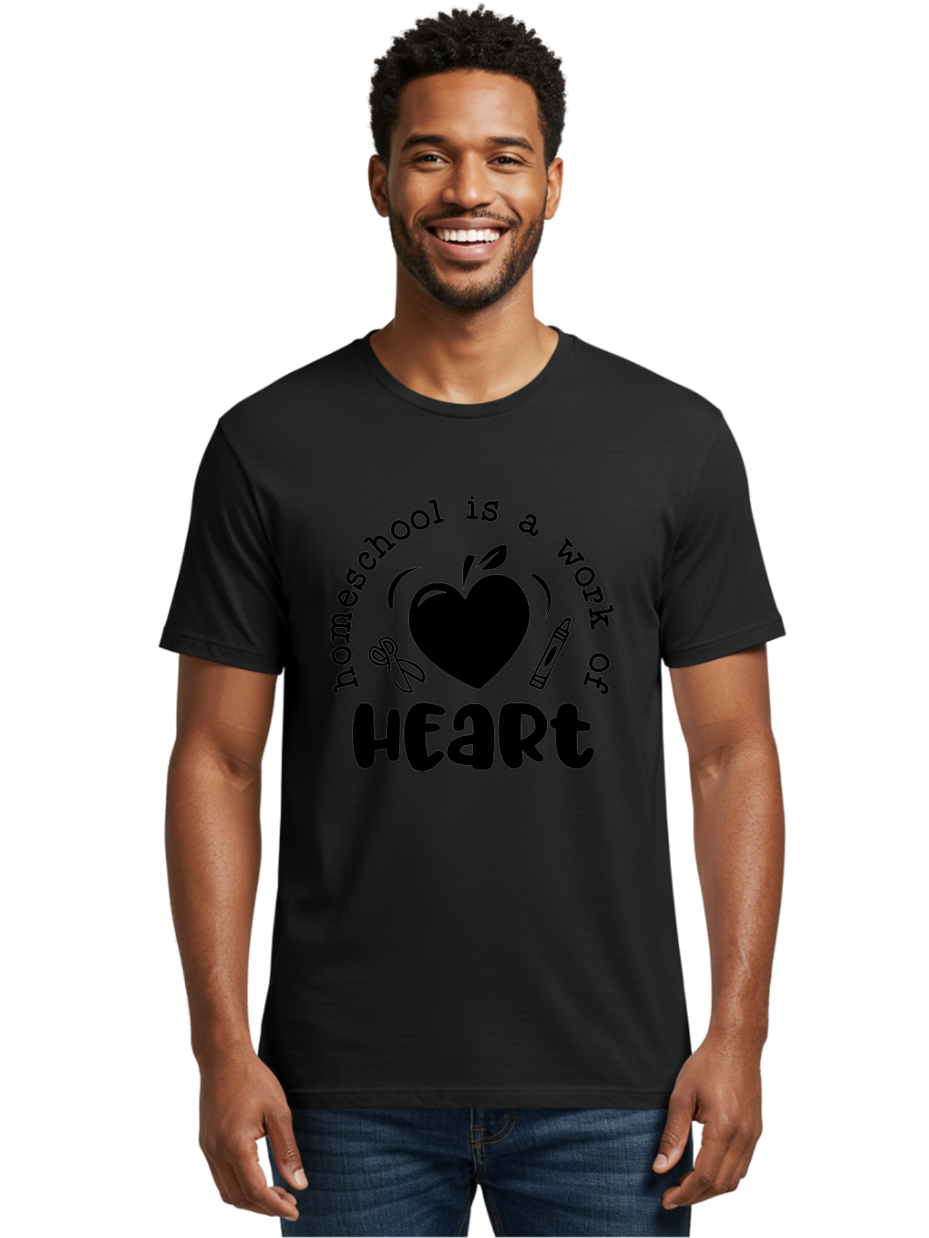 Homeschool-Is-A-Work-Of-Heart-3 Men'S Graphic Tee, 100% Cotton, Comfortable Casual Summer Wear, Machine Washable, Homeschooling, Home Education, Personalized Learning, Apple Symbol, Heart, Crayon, Creative Learning, Diy Education, Aab348