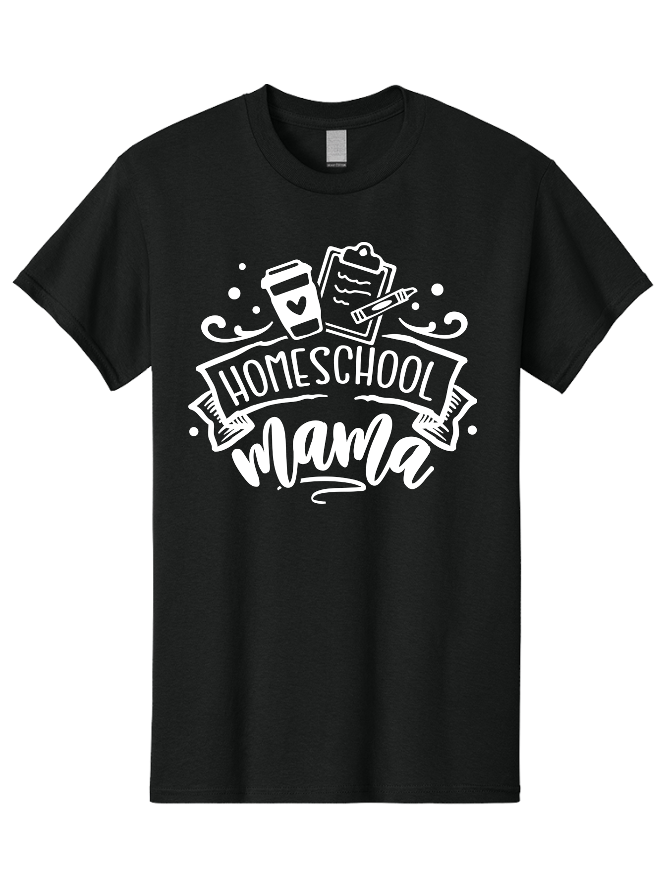 Homeschool-Mama-1 Men'S Graphic Tee, 100% Cotton, Comfortable Casual Summer Wear, Machine Washable, Homeschool Mama, Coffee Cup, Pencil, Clipboard, White Doodles, Swirls And Dots, Back To School, Homeschooling, Mom Life, Parenting, Education Aab364