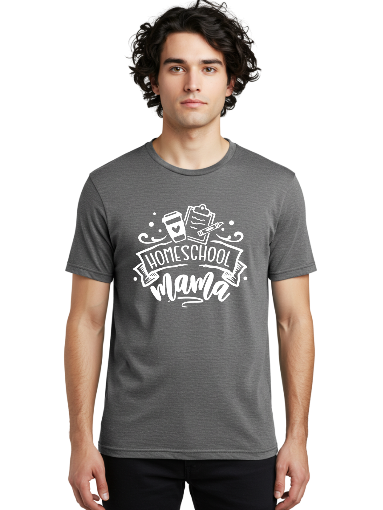 Homeschool-Mama-1 Men'S Graphic Tee, 100% Cotton, Comfortable Casual Summer Wear, Machine Washable, Homeschool Mama, Coffee Cup, Pencil, Clipboard, White Doodles, Swirls And Dots, Back To School, Homeschooling, Mom Life, Parenting, Education Aab364 12