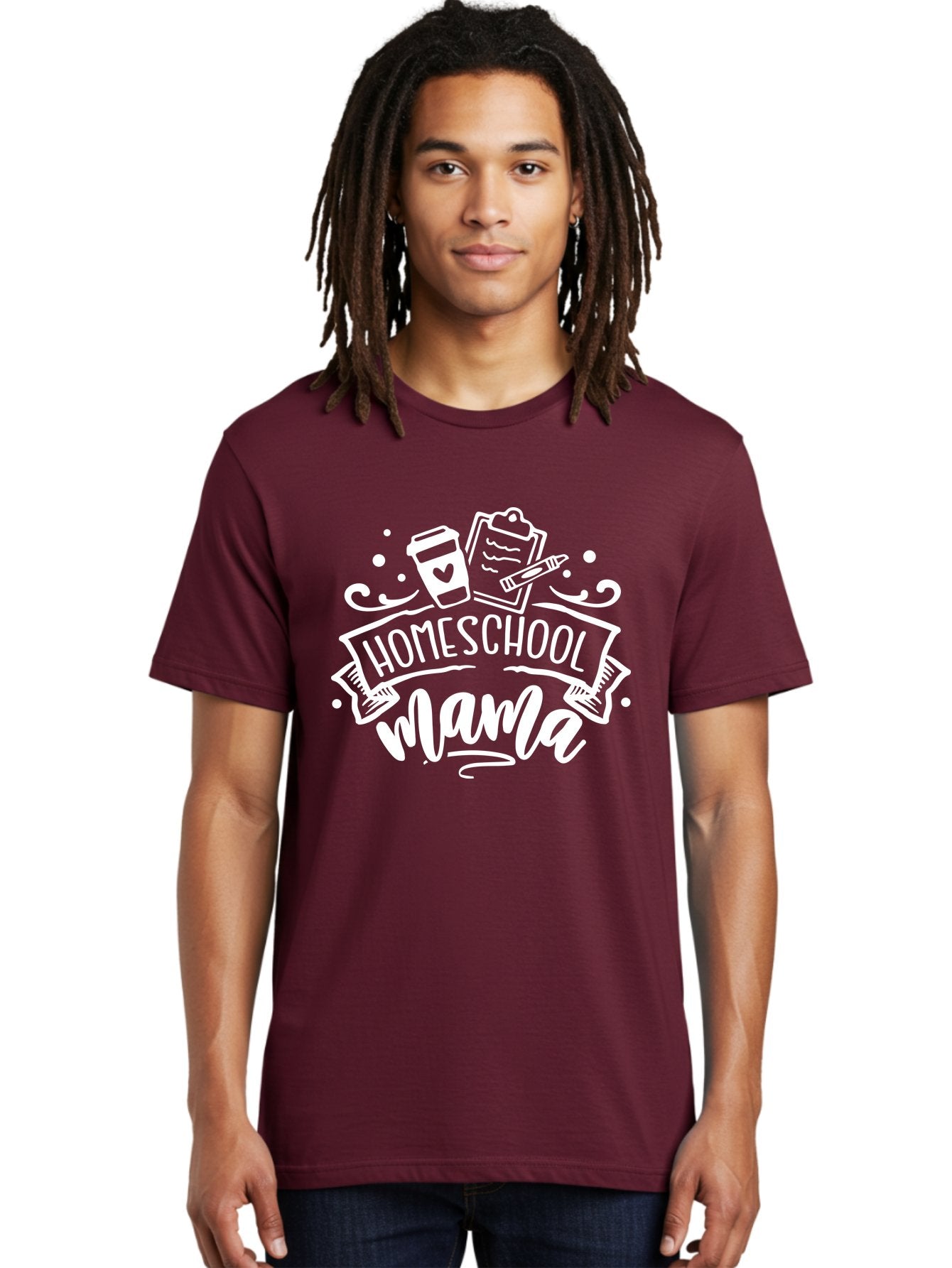 Homeschool-Mama-1 Men'S Graphic Tee, 100% Cotton, Comfortable Casual Summer Wear, Machine Washable, Homeschool Mama, Coffee Cup, Pencil, Clipboard, White Doodles, Swirls And Dots, Back To School, Homeschooling, Mom Life, Parenting, Education Aab364 20