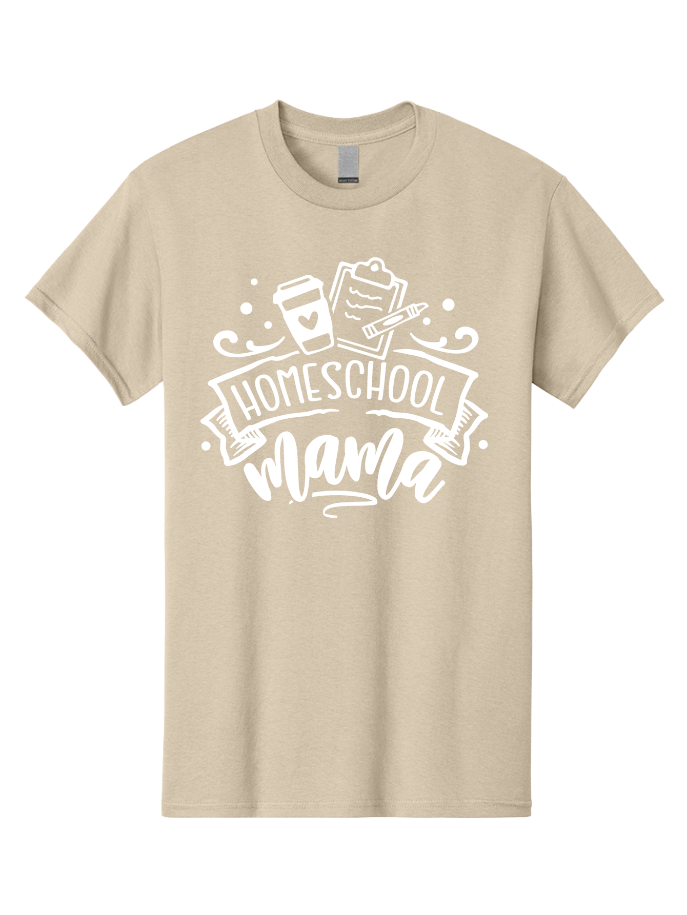 Homeschool-Mama-1 Men'S Graphic Tee, 100% Cotton, Comfortable Casual Summer Wear, Machine Washable, Homeschool Mama, Coffee Cup, Pencil, Clipboard, White Doodles, Swirls And Dots, Back To School, Homeschooling, Mom Life, Parenting, Education Aab364