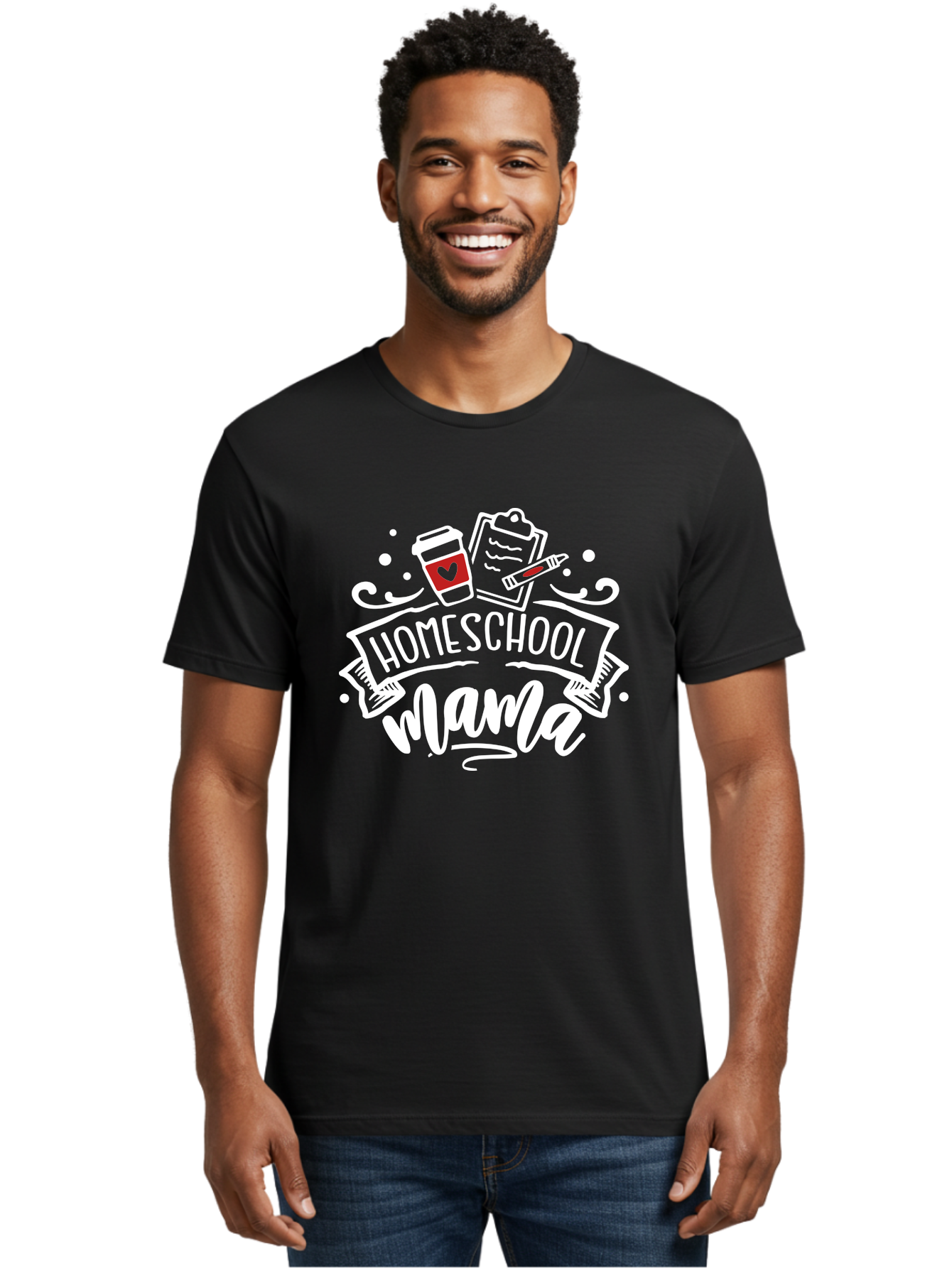 Homeschool-Mama-2 Men'S Graphic Tee, 100% Cotton, Comfortable Casual Summer Wear, Machine Washable, Homeschool Mama, Coffee Cup With Heart, Clipboard, Pencil, Educational Supplies, Home Education, Mom Life, Learning At Home, Teaching, Aab365 14