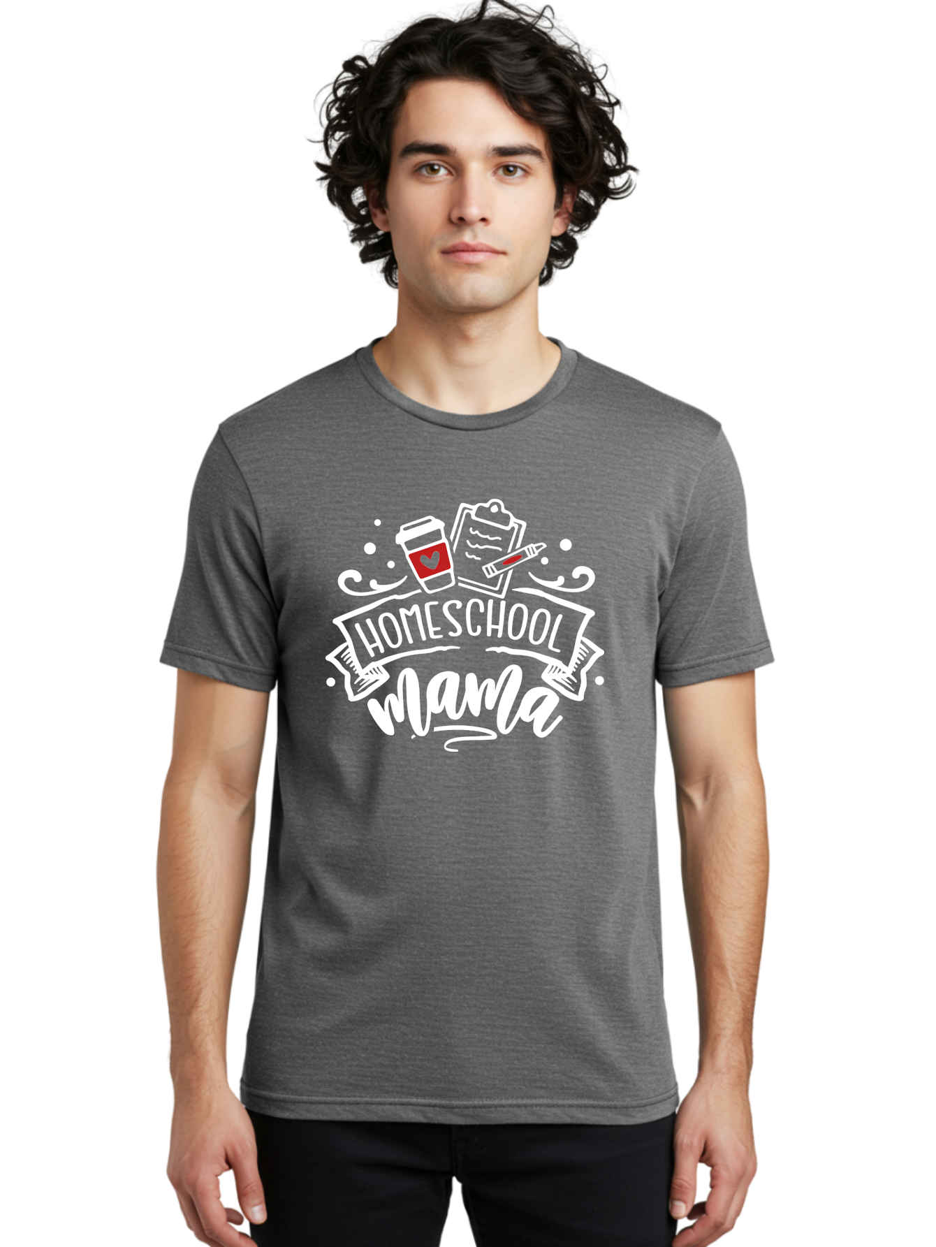 Homeschool-Mama-2 Men'S Graphic Tee, 100% Cotton, Comfortable Casual Summer Wear, Machine Washable, Homeschool Mama, Coffee Cup With Heart, Clipboard, Pencil, Educational Supplies, Home Education, Mom Life, Learning At Home, Teaching, Aab365 4