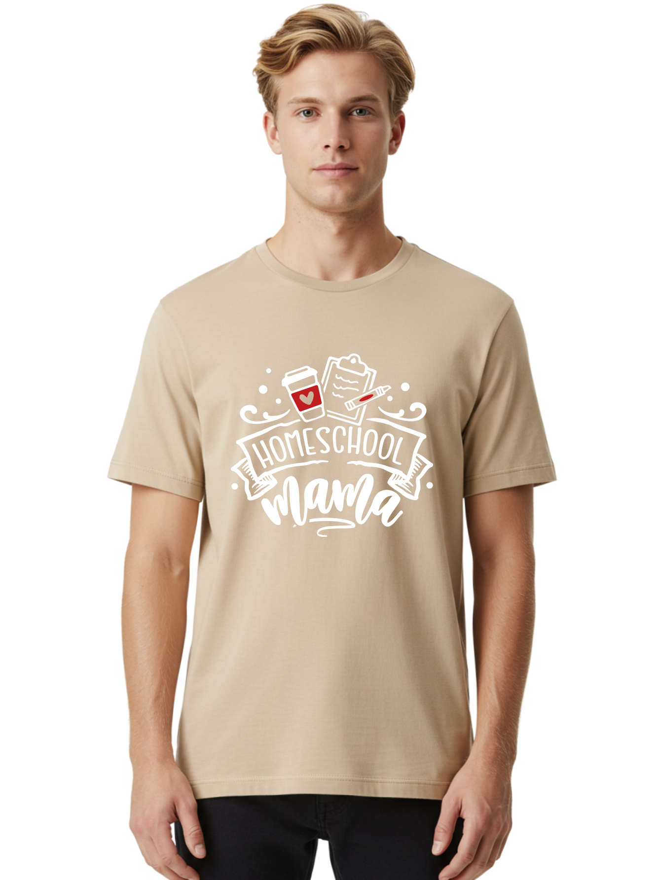 Homeschool-Mama-2 Men'S Graphic Tee, 100% Cotton, Comfortable Casual Summer Wear, Machine Washable, Homeschool Mama, Coffee Cup With Heart, Clipboard, Pencil, Educational Supplies, Home Education, Mom Life, Learning At Home, Teaching, Aab365 24