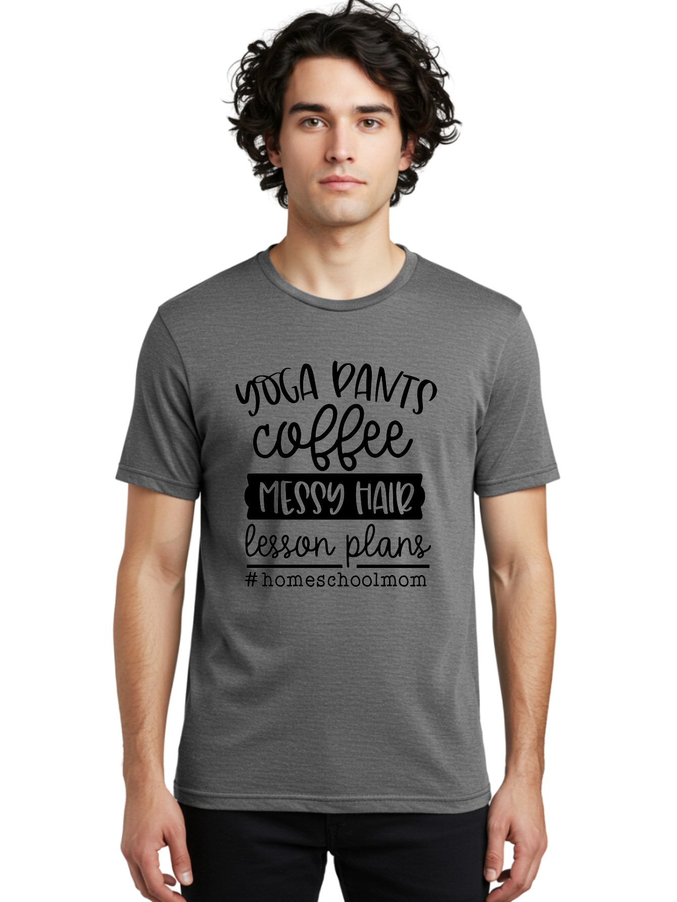 Homeschool-Mom-1 Men'S Graphic Tee, 100% Cotton, Comfortable Casual Summer Wear, Machine Washable, Homeschool Mom, Yoga Pants, Coffee, Messy Hair, Lesson Plans, Homeschooling, Parenting, Mom Life, Everyday Struggles, Relaxed Mom, Casual Style Aab368 10
