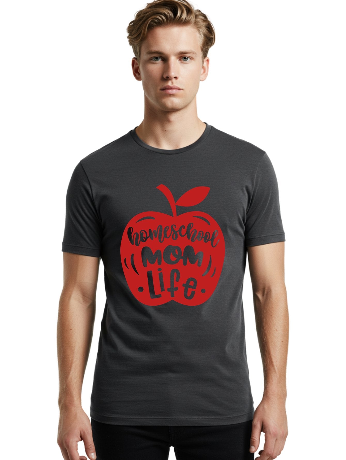 Homeschool-Mom-Life-2 Men'S Graphic Tee, 100% Cotton, Comfortable Casual Summer Wear, Machine Washable, Homeschool Mom Life, Apple Graphic, Red Apple, Green Text, Mom Life, Homeschooling, Parenting, Education, Learning At Home Aab374 17