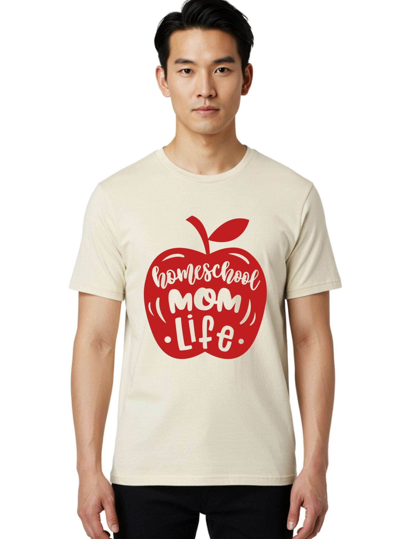 Homeschool-Mom-Life-2 Men'S Graphic Tee, 100% Cotton, Comfortable Casual Summer Wear, Machine Washable, Homeschool Mom Life, Apple Graphic, Red Apple, Green Text, Mom Life, Homeschooling, Parenting, Education, Learning At Home Aab374 23