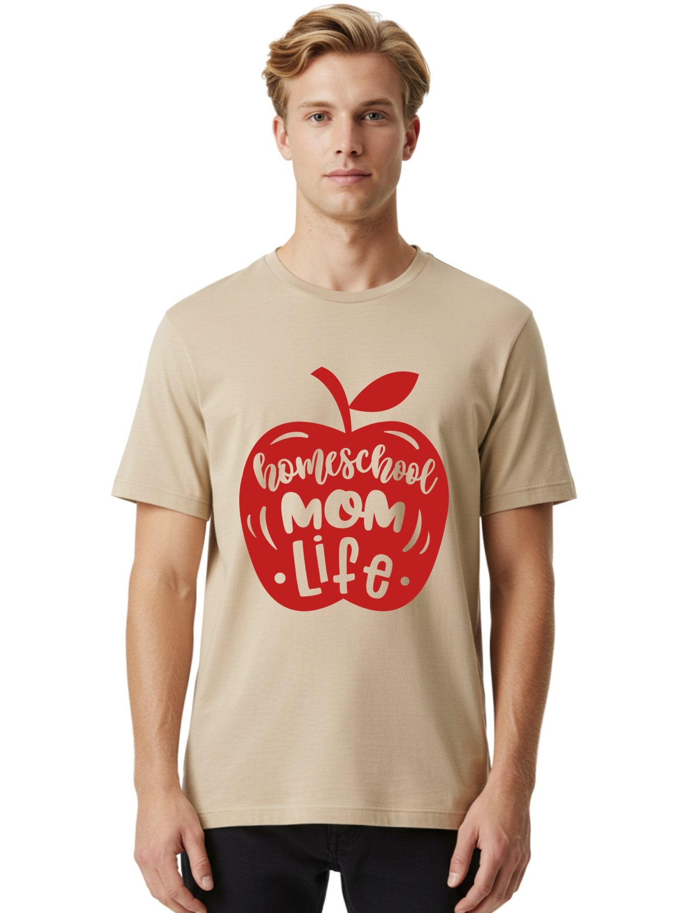 Homeschool-Mom-Life-2 Men'S Graphic Tee, 100% Cotton, Comfortable Casual Summer Wear, Machine Washable, Homeschool Mom Life, Apple Graphic, Red Apple, Green Text, Mom Life, Homeschooling, Parenting, Education, Learning At Home Aab374 18
