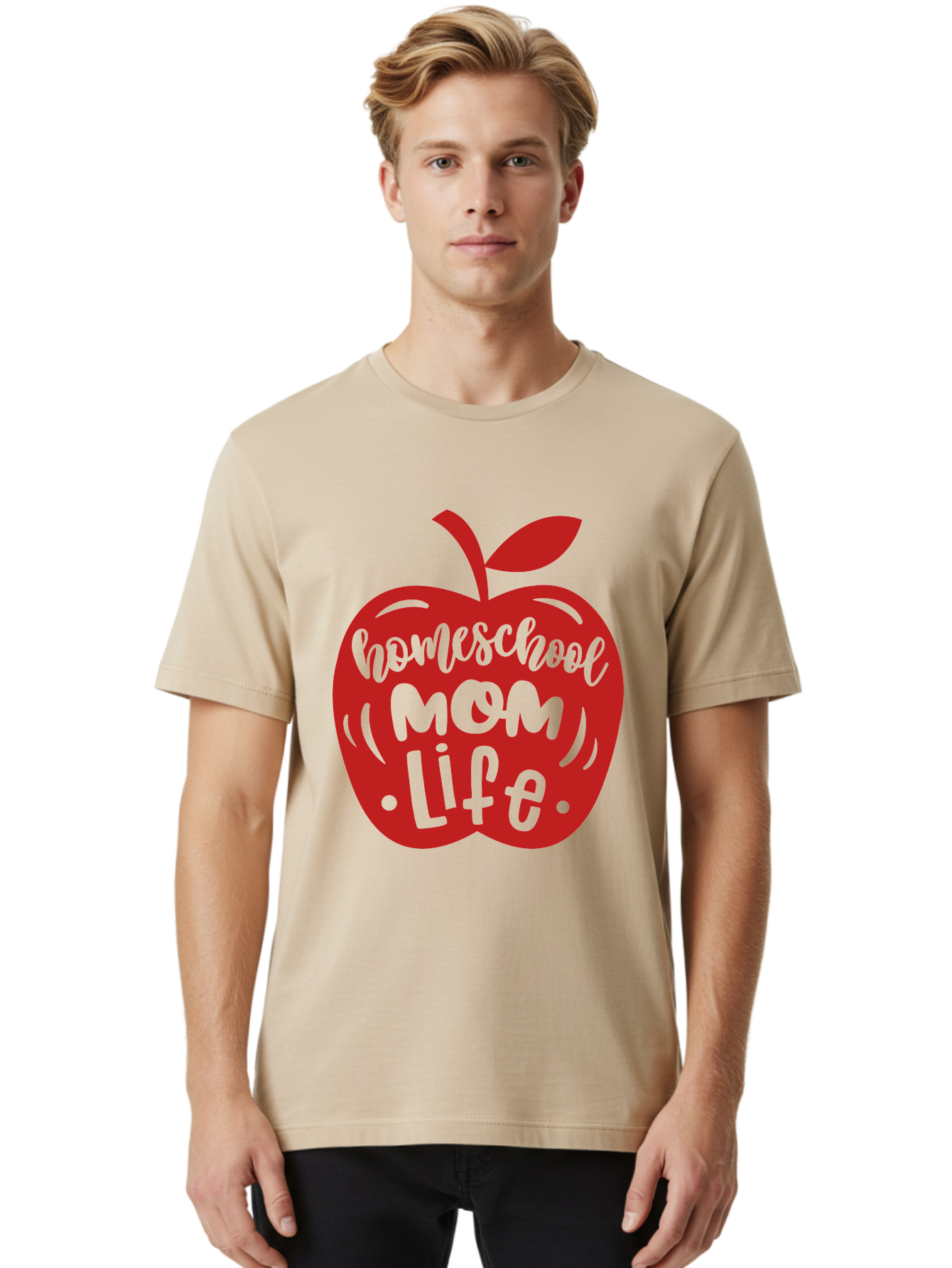Homeschool-Mom-Life-2 Men'S Graphic Tee, 100% Cotton, Comfortable Casual Summer Wear, Machine Washable, Homeschool Mom Life, Apple Graphic, Red Apple, Green Text, Mom Life, Homeschooling, Parenting, Education, Learning At Home Aab374 24