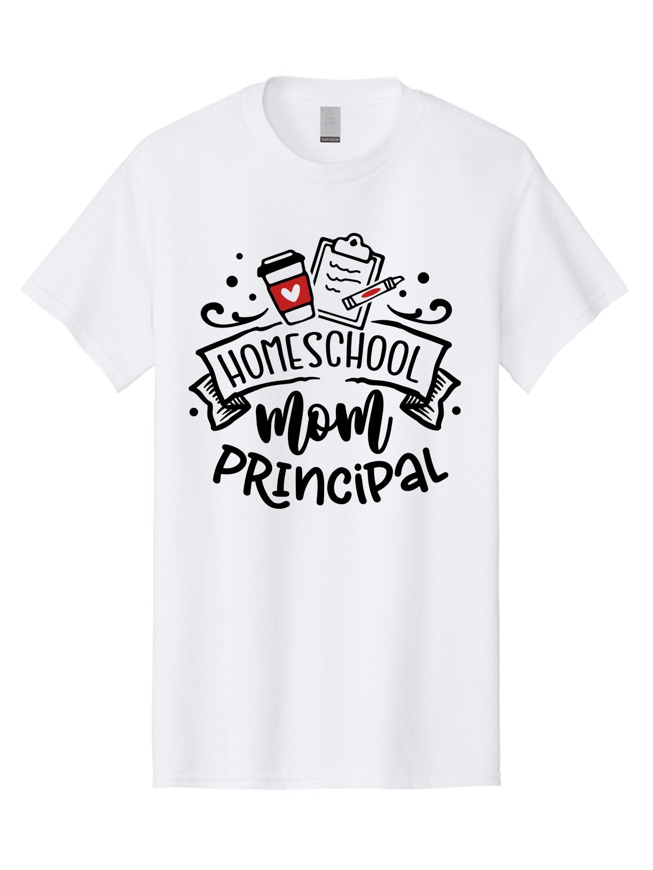 Homeschool-Mom-Principal-1 Men'S Graphic Tee, 100% Cotton, Comfortable Casual Summer Wear, Machine Washable, Homeschool Mom, Principal, Coffee Cup, Red Heart, Clipboard, Pencil, Education, Learning, Parenting, Homeschooling, Teaching, Aab376