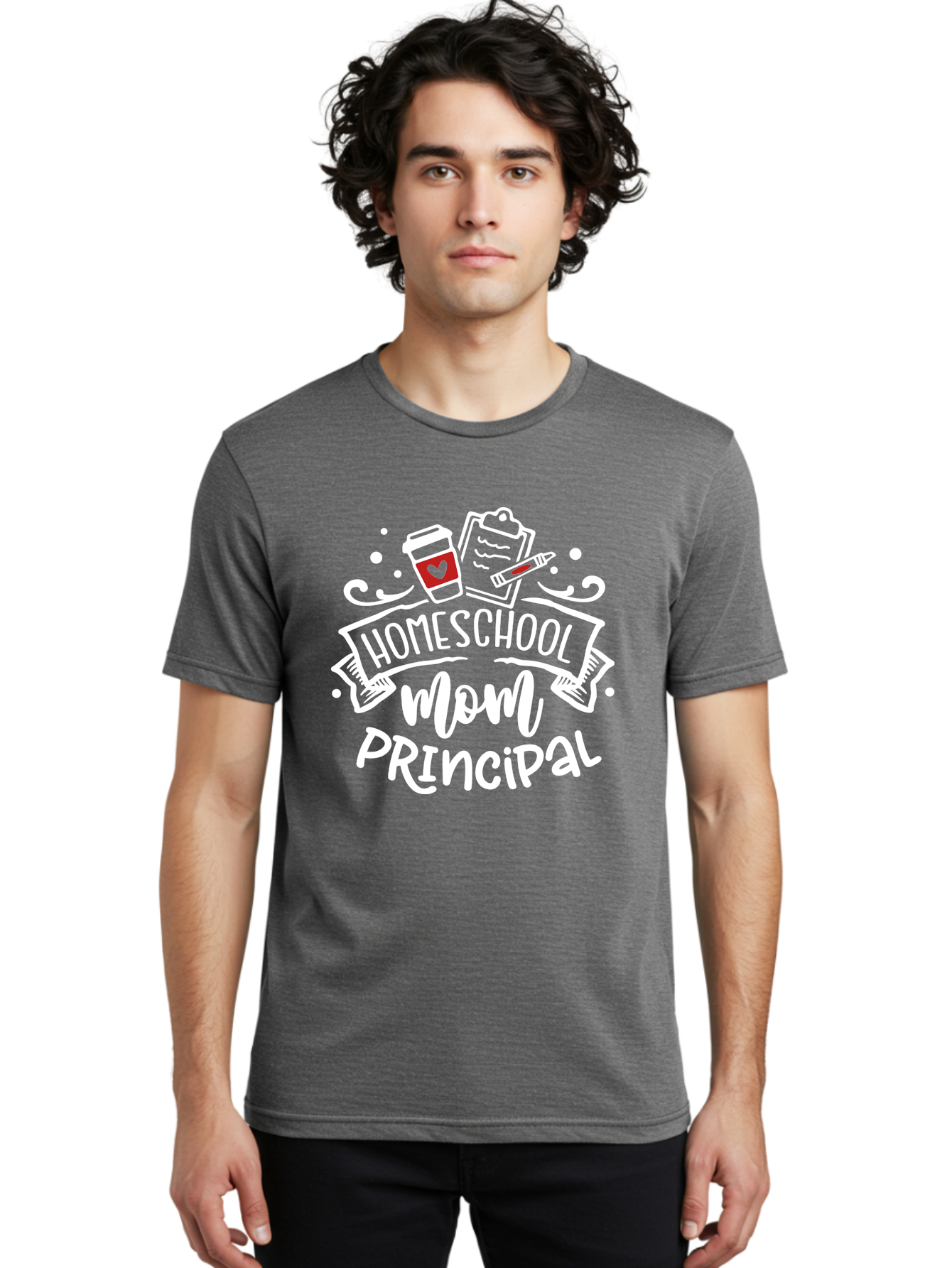 Homeschool-Mom-Principal-3 Men'S Graphic Tee, 100% Cotton, Comfortable Casual Summer Wear, Machine Washable, Homeschool Mom, Principal, Coffee Cup, Clipboard, Marker, Homeschooling, Education, Parenting, Teaching, Learning, Aab378 4