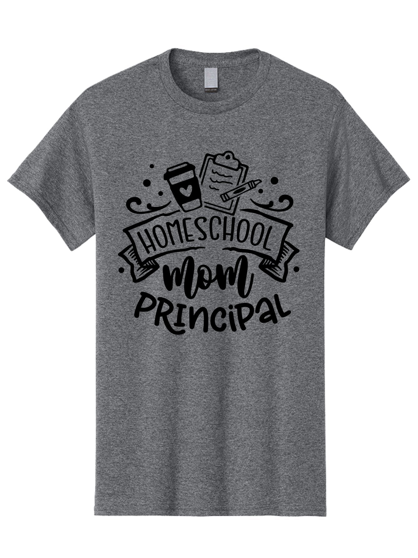 Homeschool-Mom-Principal Men'S Graphic Tee, 100% Cotton, Comfortable Casual Summer Wear, Machine Washable, Homeschool Mom, Principal, Education, Learning, Teaching, Coffee Cup, Clipboard, Pencil, Doodle Art, Playful Design, Homeschooling, Aab379