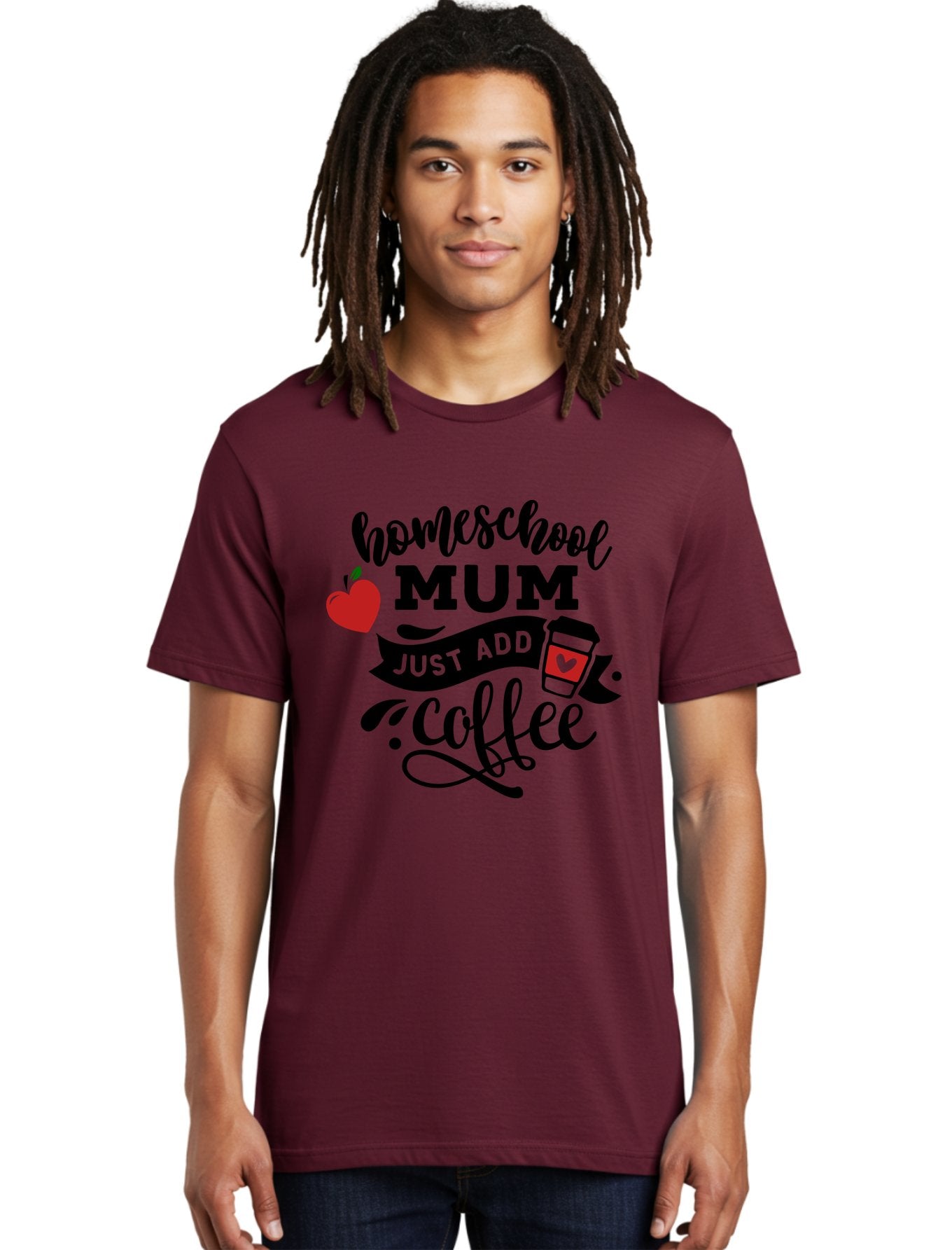 Homeschool-Mum-Just-Add-Coffee-1 Men'S Graphic Tee, 100% Cotton, Comfortable Casual Summer Wear, Machine Washable, Homeschool Mum, Coffee Lover, Homeschooling, Parenting, Coffee Cup, Apple, Education, Humor Aab388 22