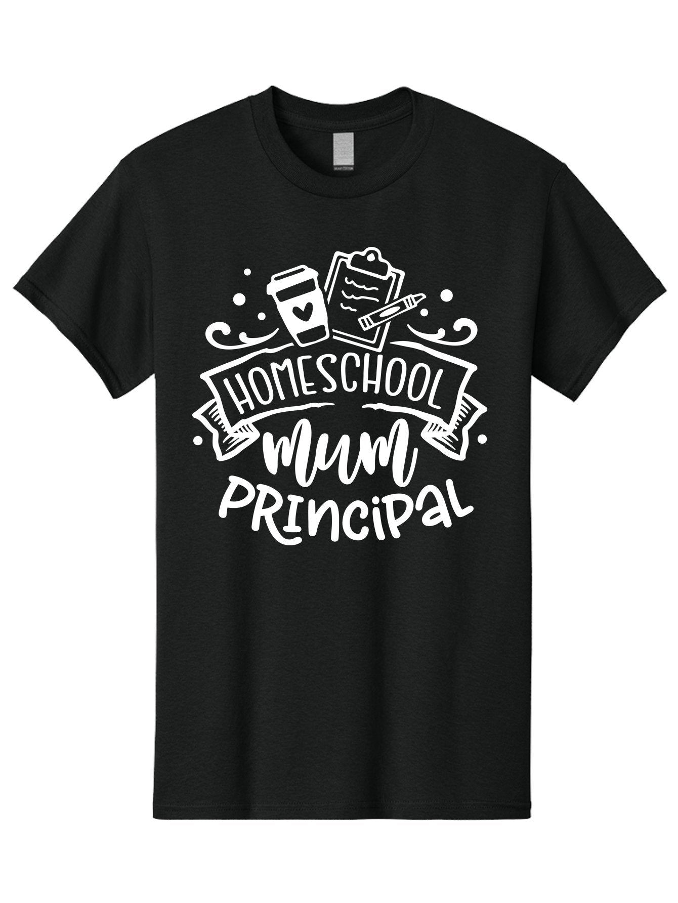 Homeschool-Mum-Principal-1 Men'S Graphic Tee, 100% Cotton, Comfortable Casual Summer Wear, Machine Washable, Homeschool Mom, Principal, Homeschooling, Coffee Cup, Clipboard, Pencil, Heart, Education, Parenting, Learning, Mom Life Aab393