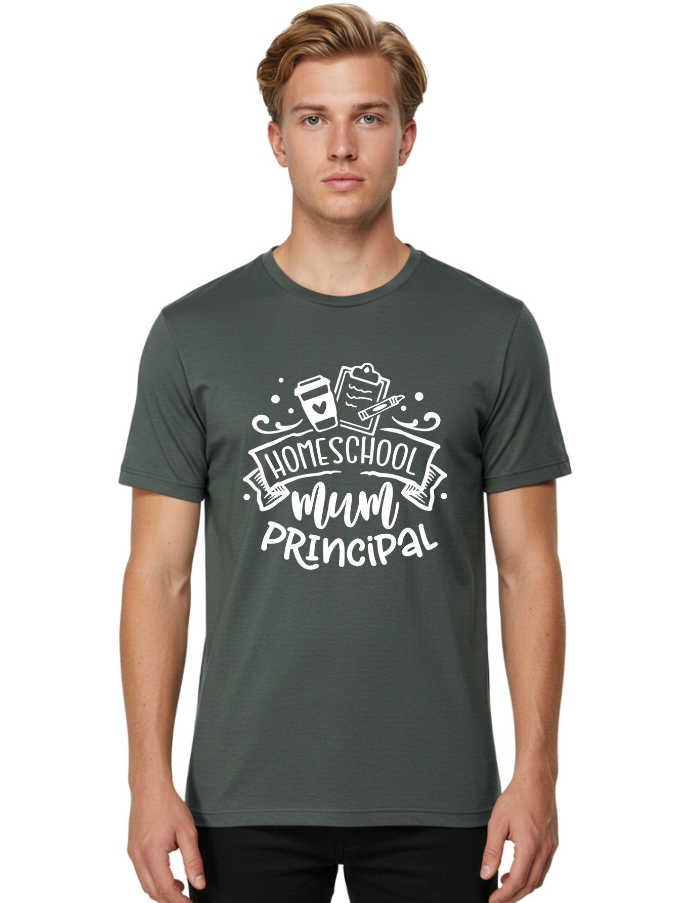 Homeschool-Mum-Principal-1 Men'S Graphic Tee, 100% Cotton, Comfortable Casual Summer Wear, Machine Washable, Homeschool Mom, Principal, Homeschooling, Coffee Cup, Clipboard, Pencil, Heart, Education, Parenting, Learning, Mom Life Aab393 25