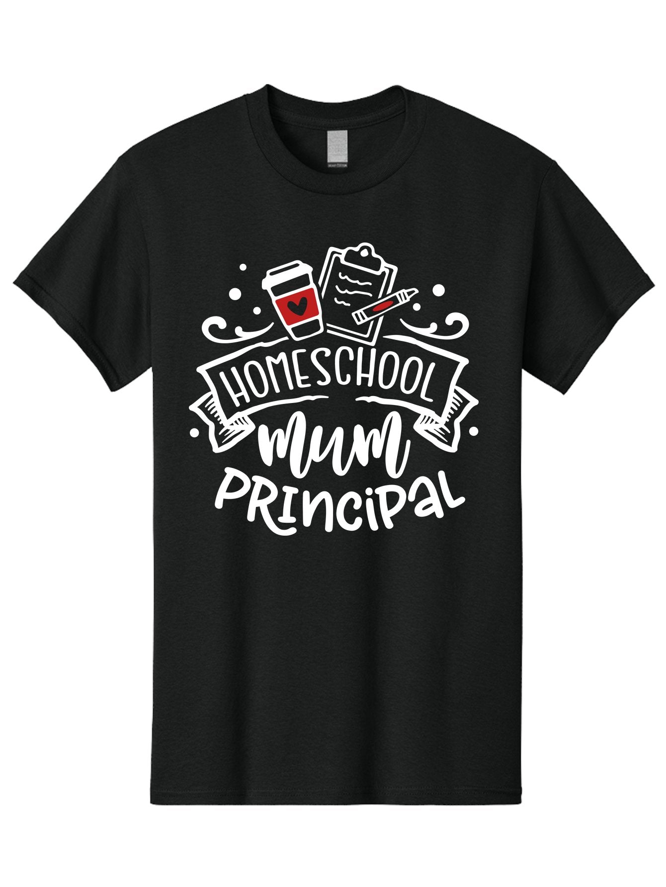 Homeschool-Mum-Principal-2 Men'S Graphic Tee, 100% Cotton, Comfortable Casual Summer Wear, Machine Washable, Homeschool, Homeschooling, Education, Learning, Parenting, Motherhood, Coffee, Clipboard, Marker, Heart, Homeschool Mum Aab394