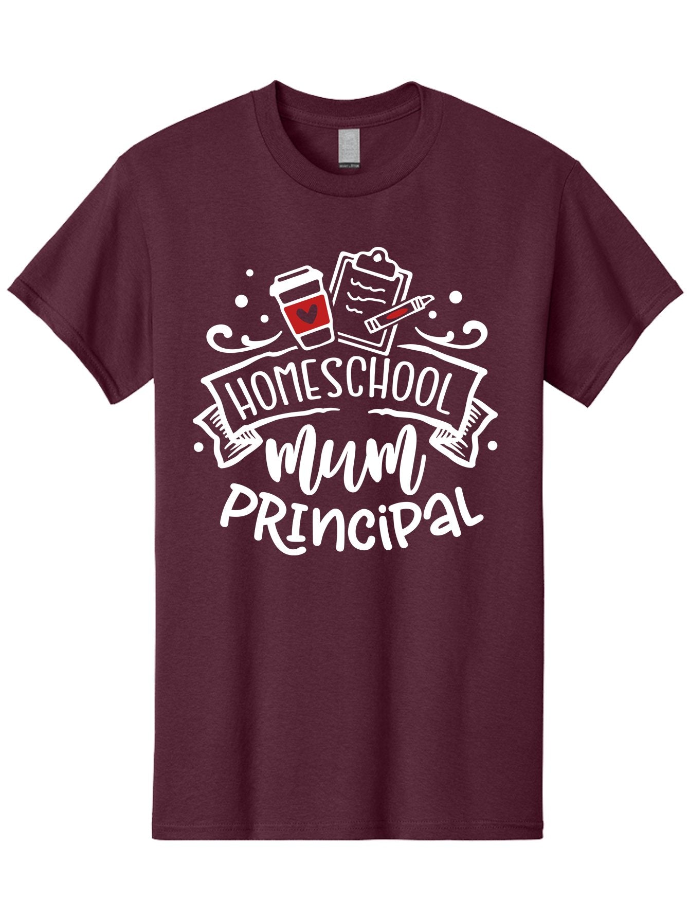 Homeschool-Mum-Principal-2 Men'S Graphic Tee, 100% Cotton, Comfortable Casual Summer Wear, Machine Washable, Homeschool, Homeschooling, Education, Learning, Parenting, Motherhood, Coffee, Clipboard, Marker, Heart, Homeschool Mum Aab394 13