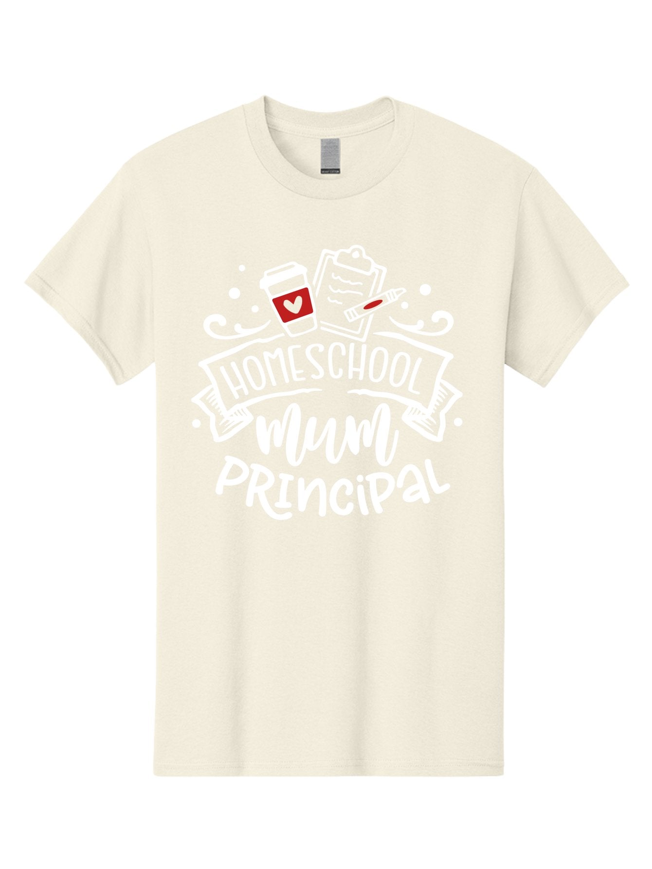 Homeschool-Mum-Principal-2 Men'S Graphic Tee, 100% Cotton, Comfortable Casual Summer Wear, Machine Washable, Homeschool, Homeschooling, Education, Learning, Parenting, Motherhood, Coffee, Clipboard, Marker, Heart, Homeschool Mum Aab394