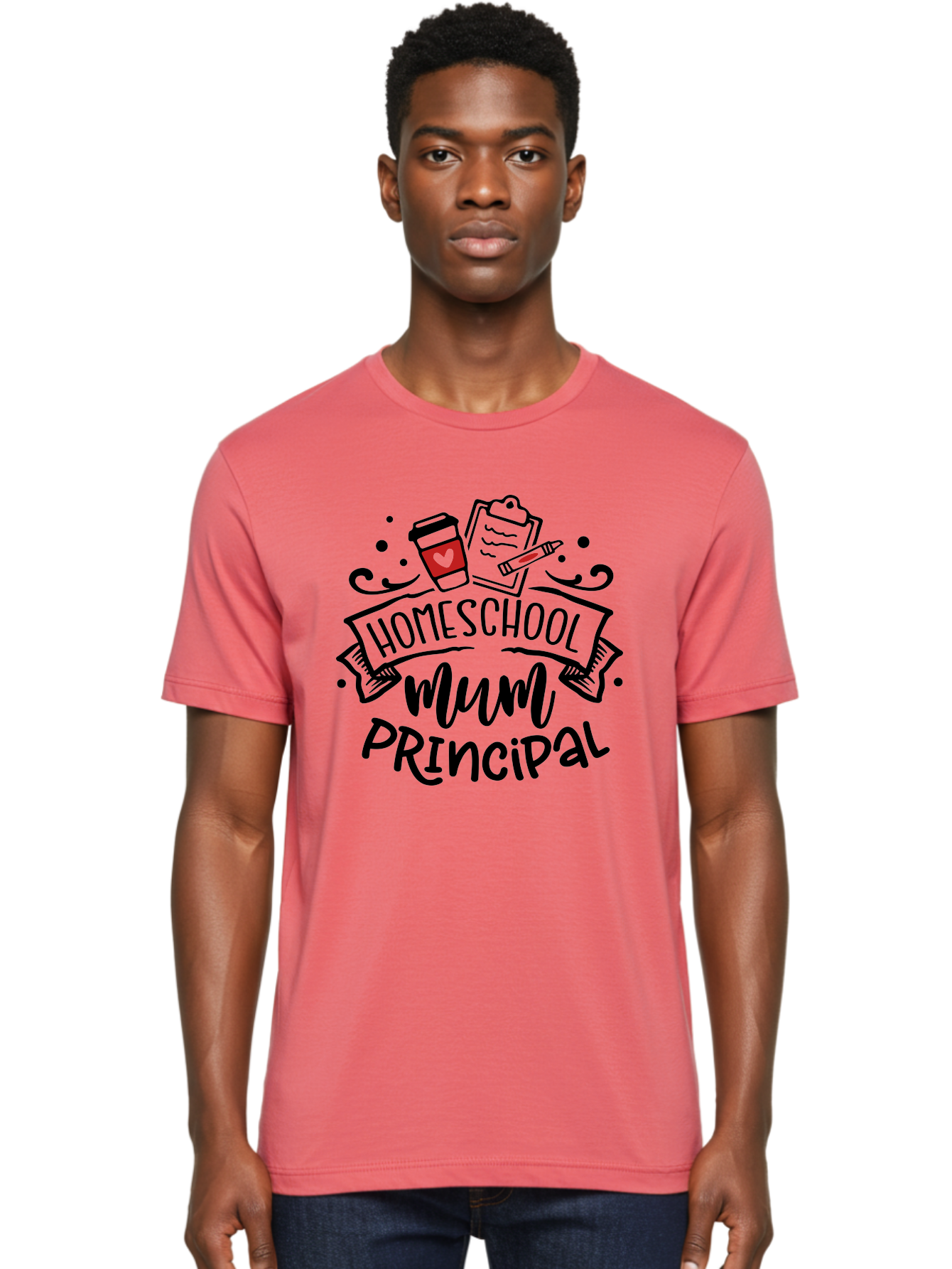 Homeschool-Mum-Principal-3 Men'S Graphic Tee, 100% Cotton, Comfortable Casual Summer Wear, Machine Washable, Homeschool Mum, Principal, Education, Learning, Teaching, Coffee Cup, Clipboard, Pencil, Doodle Art, Playful Design, Aab395 12