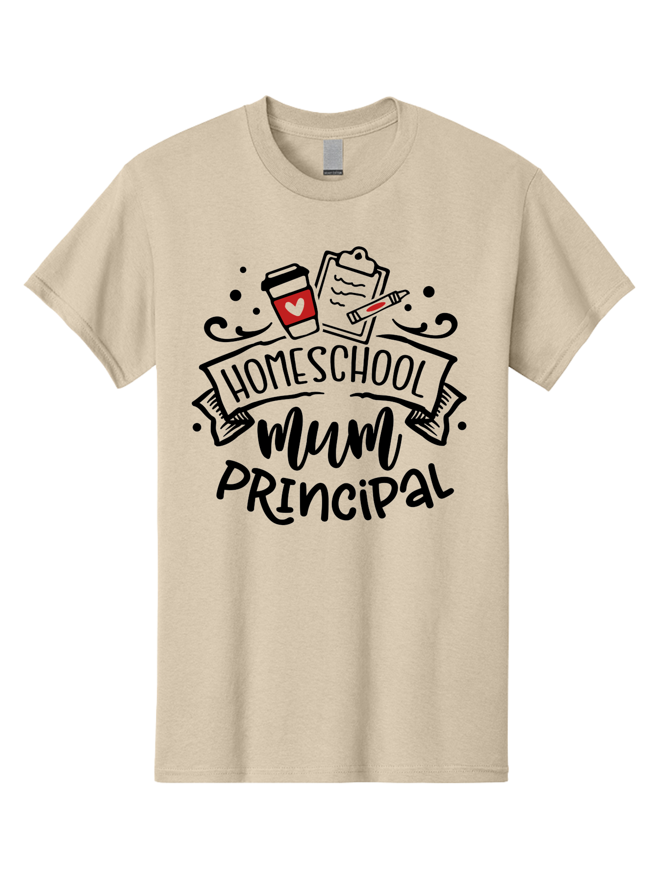 Homeschool-Mum-Principal-3 Men'S Graphic Tee, 100% Cotton, Comfortable Casual Summer Wear, Machine Washable, Homeschool Mum, Principal, Education, Learning, Teaching, Coffee Cup, Clipboard, Pencil, Doodle Art, Playful Design, Aab395